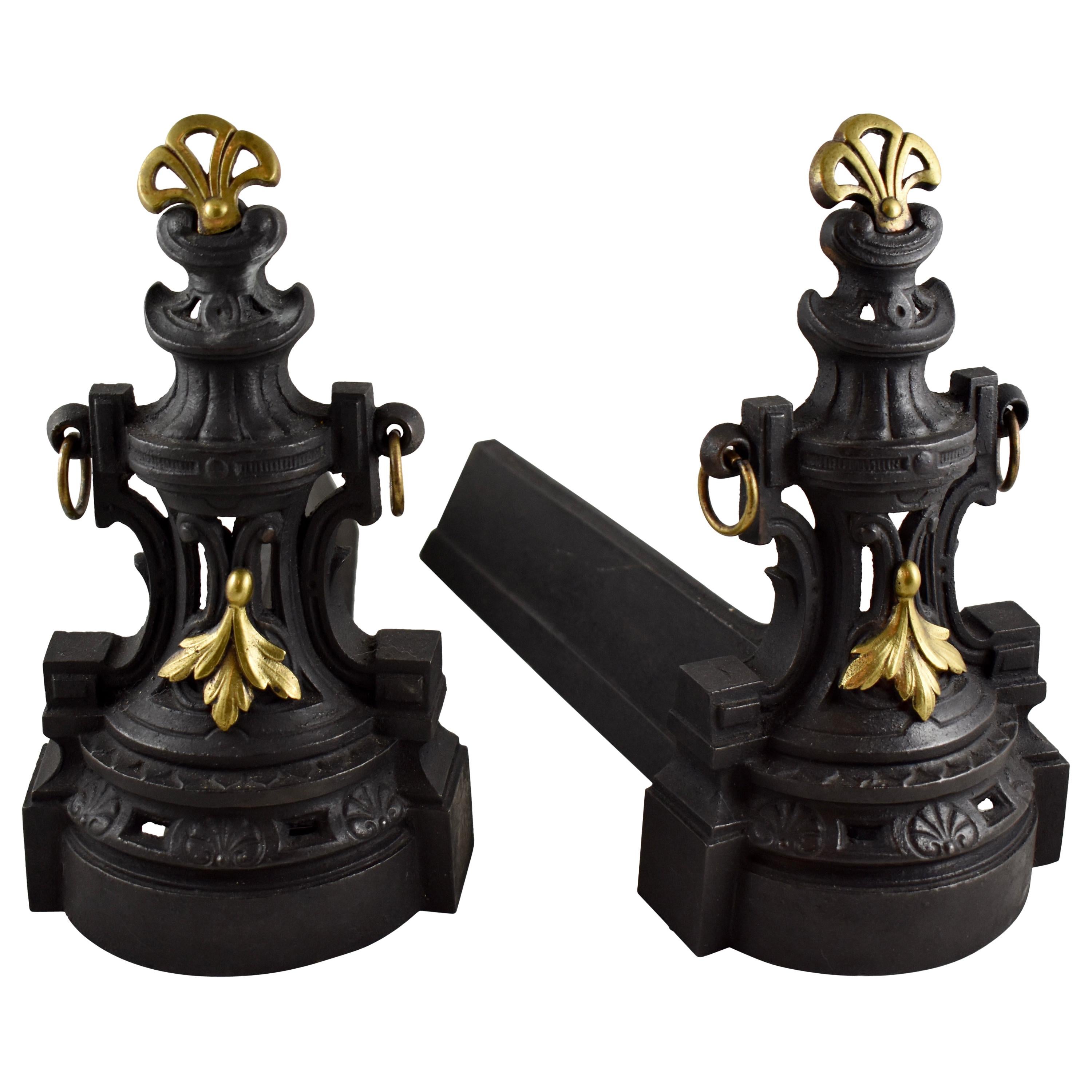 French Bronze and Cast Iron Second Empire Firedogs, Andirons or Chenets For Sale