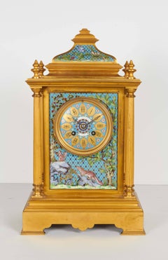 French Bronze and Champleve Cloisonne Enamel Five-Piece Clock Garniture Set