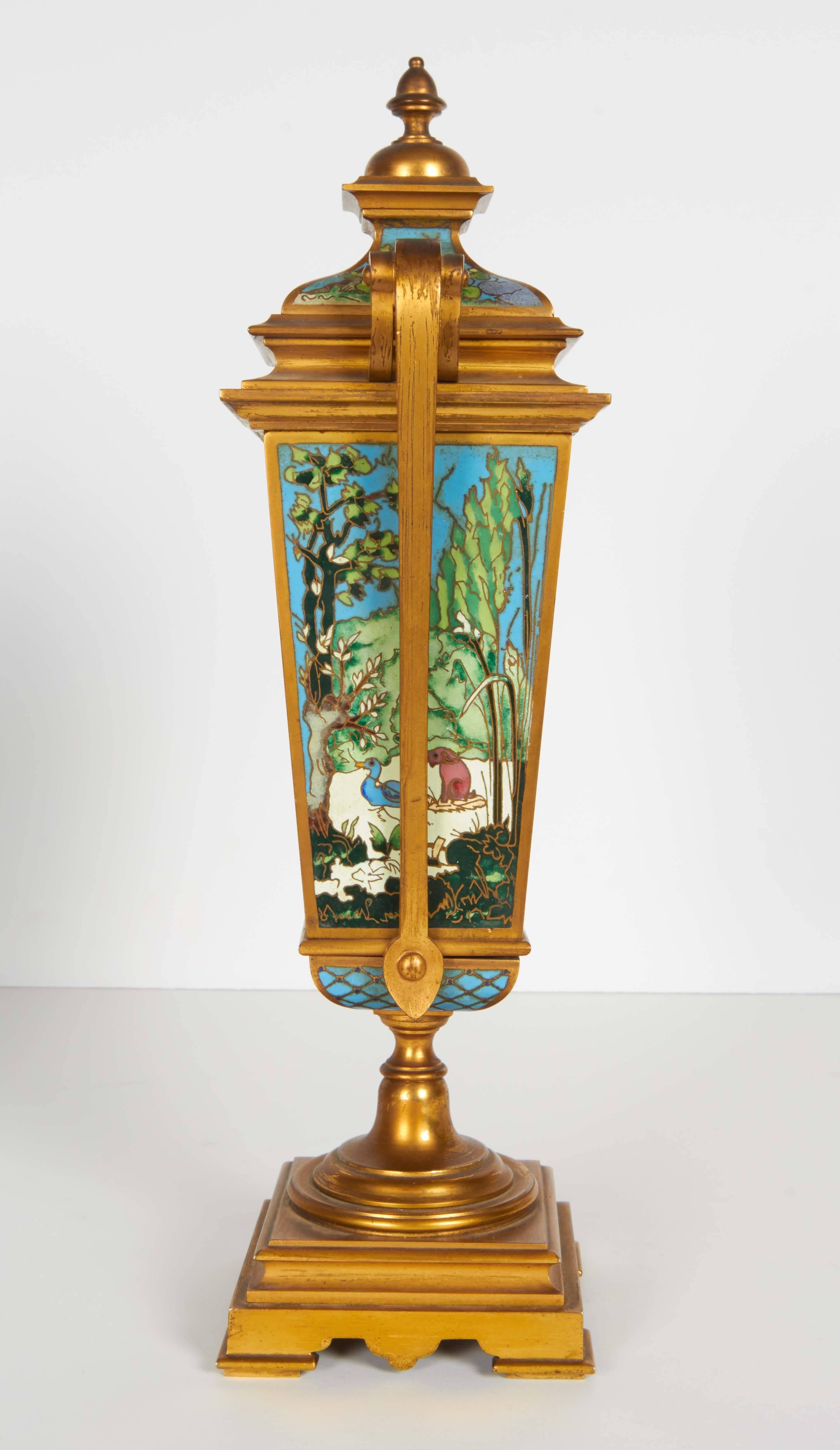 French Bronze and Champleve Cloisonne Enamel Five-Piece Clock Garniture Set 2