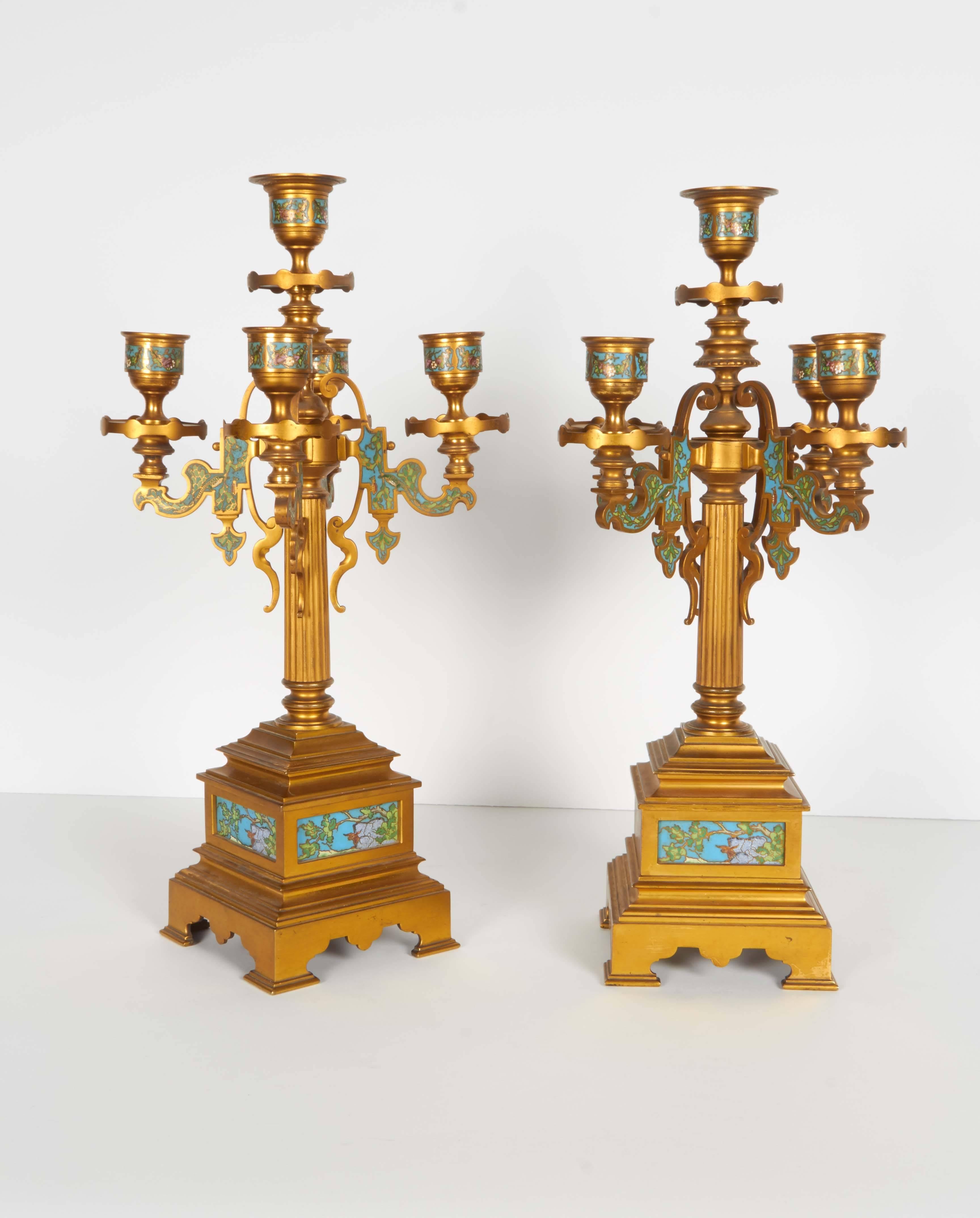 French Bronze and Champleve Cloisonne Enamel Five-Piece Clock Garniture Set 3