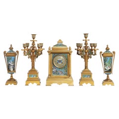 Antique French Bronze and Champleve Cloisonne Enamel Five-Piece Clock Garniture Set