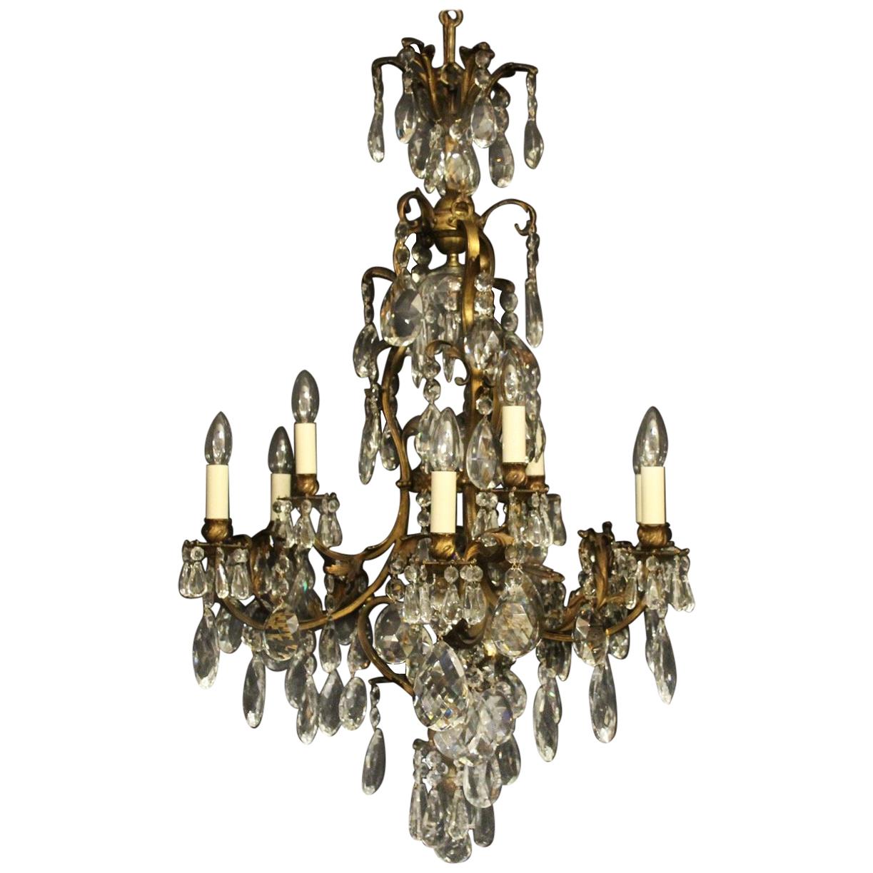 French Bronze and Crystal 10-Light Birdcage Antique Chandelier