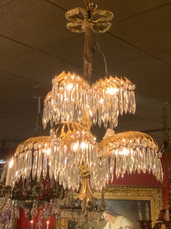 French bronze and crystal 8 light palm chandelier  deco
