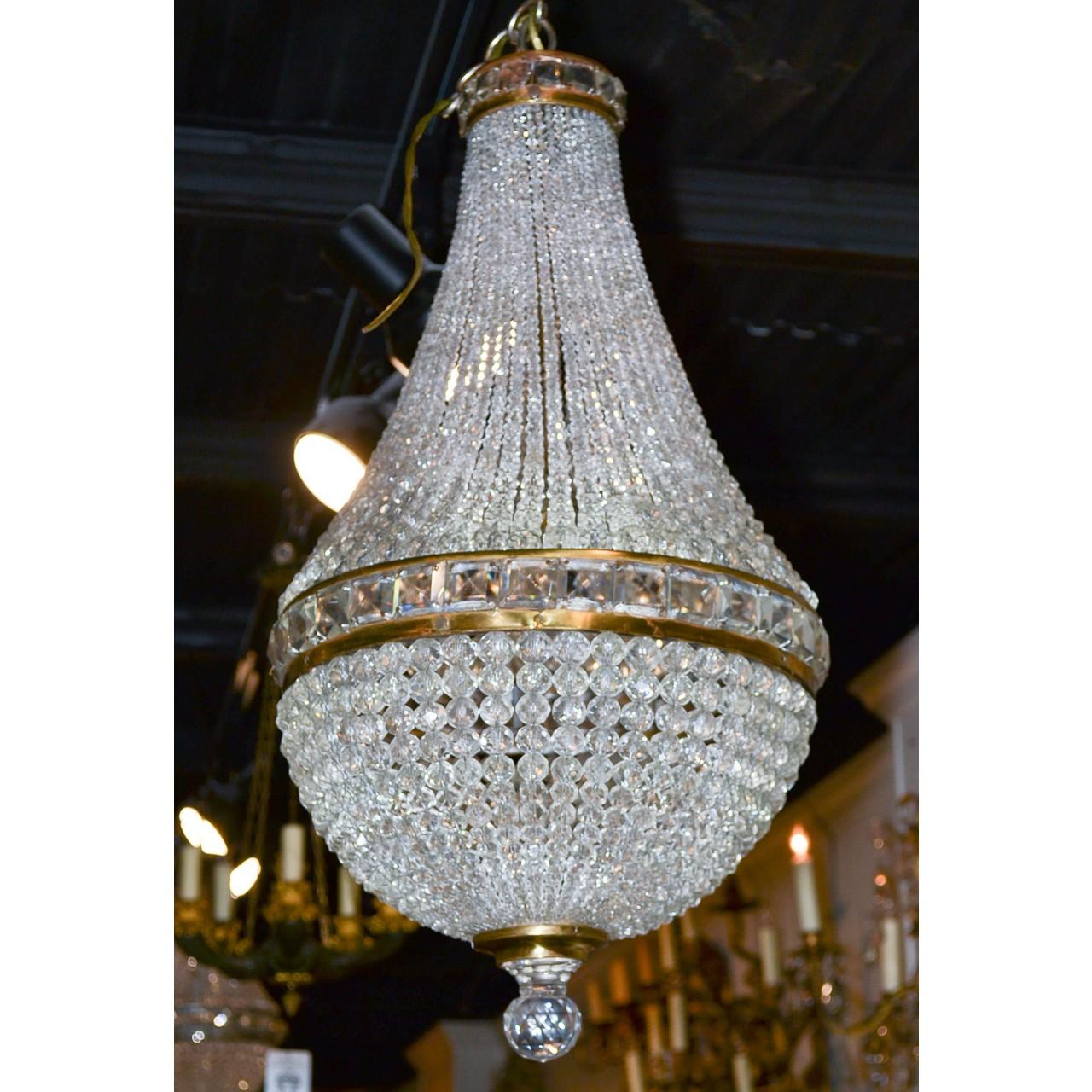 Faceted French Bronze and Crystal Basket Chandelier, circa 1910