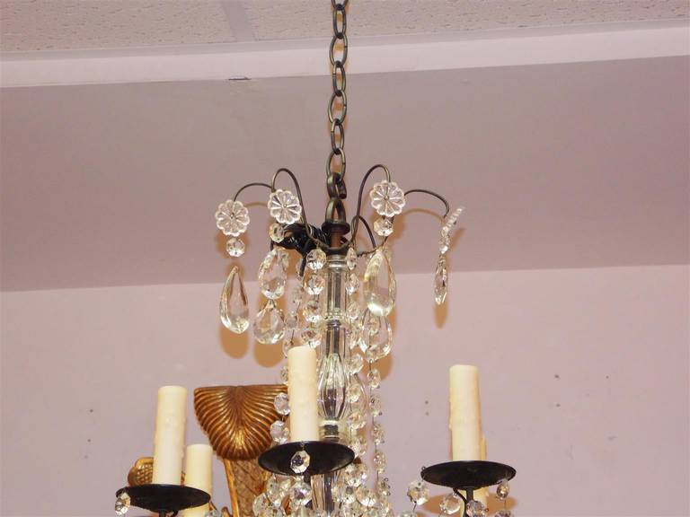 Louis Philippe French Bronze and Crystal Six Light Chandelier Originally Candle Power, C. 1860