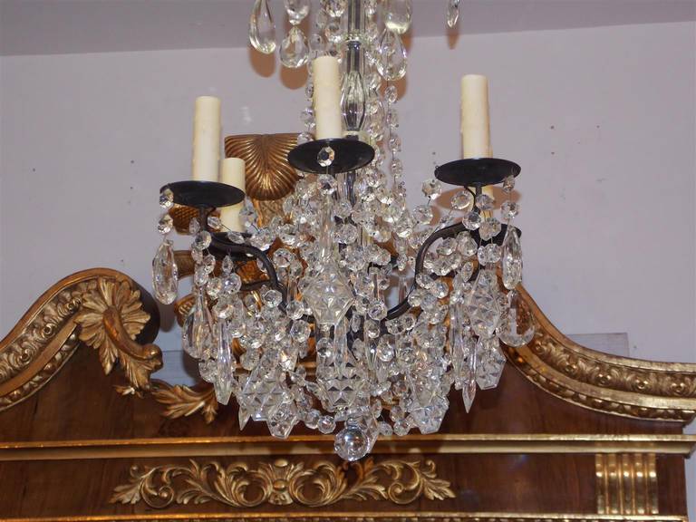 Cast French Bronze and Crystal Six Light Chandelier Originally Candle Power, C. 1860
