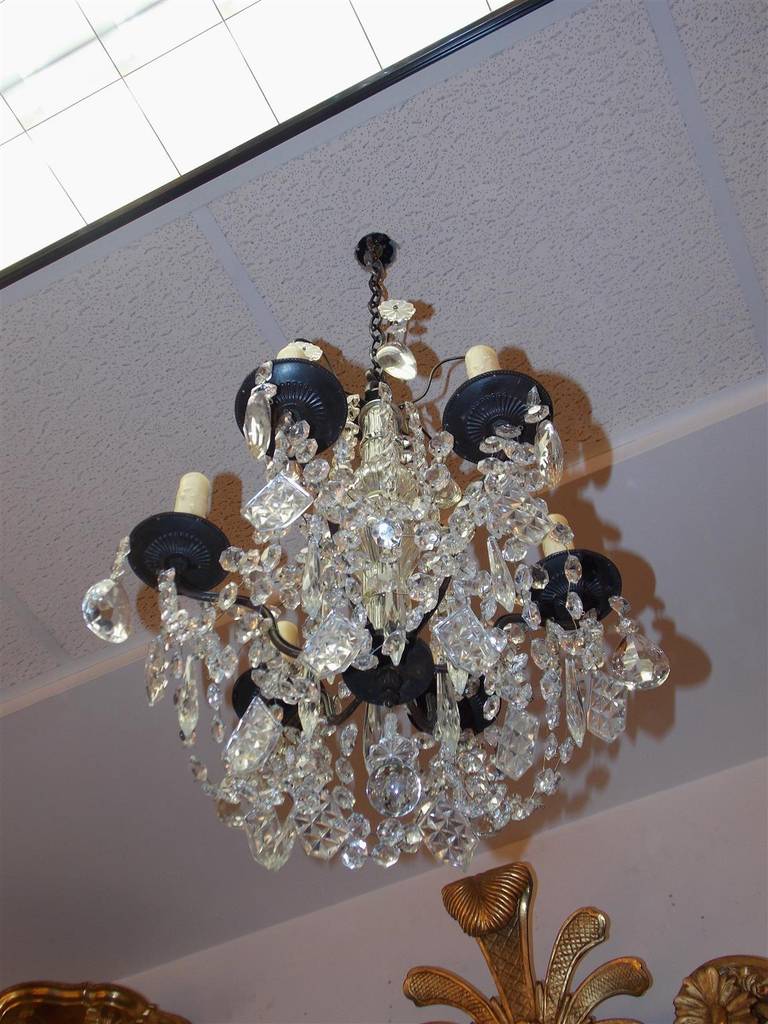 French Bronze and Crystal Six Light Chandelier Originally Candle Power, C. 1860 In Excellent Condition In Hollywood, SC