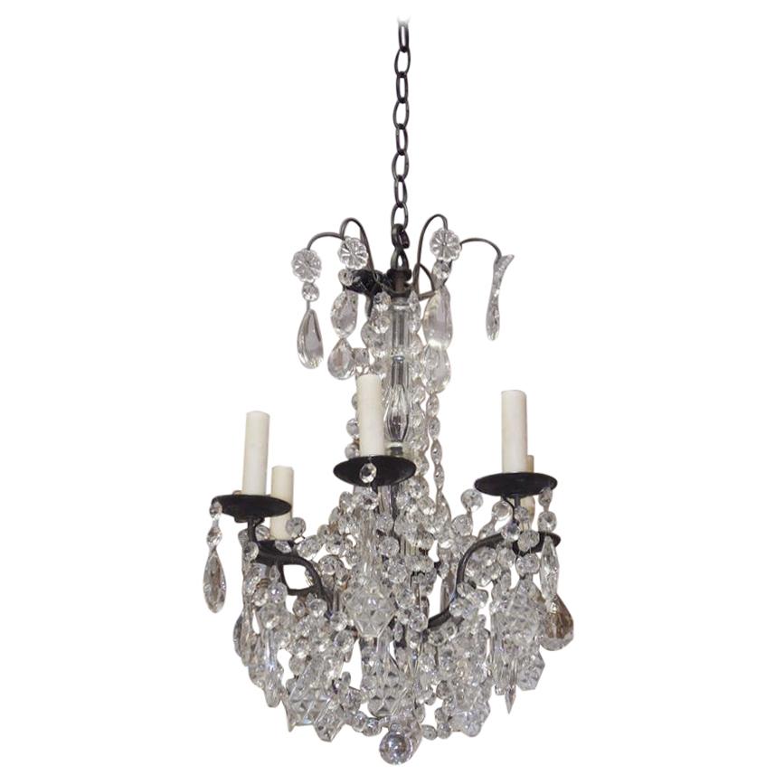 French Bronze and Crystal Six Light Chandelier Originally Candle Power, C. 1860