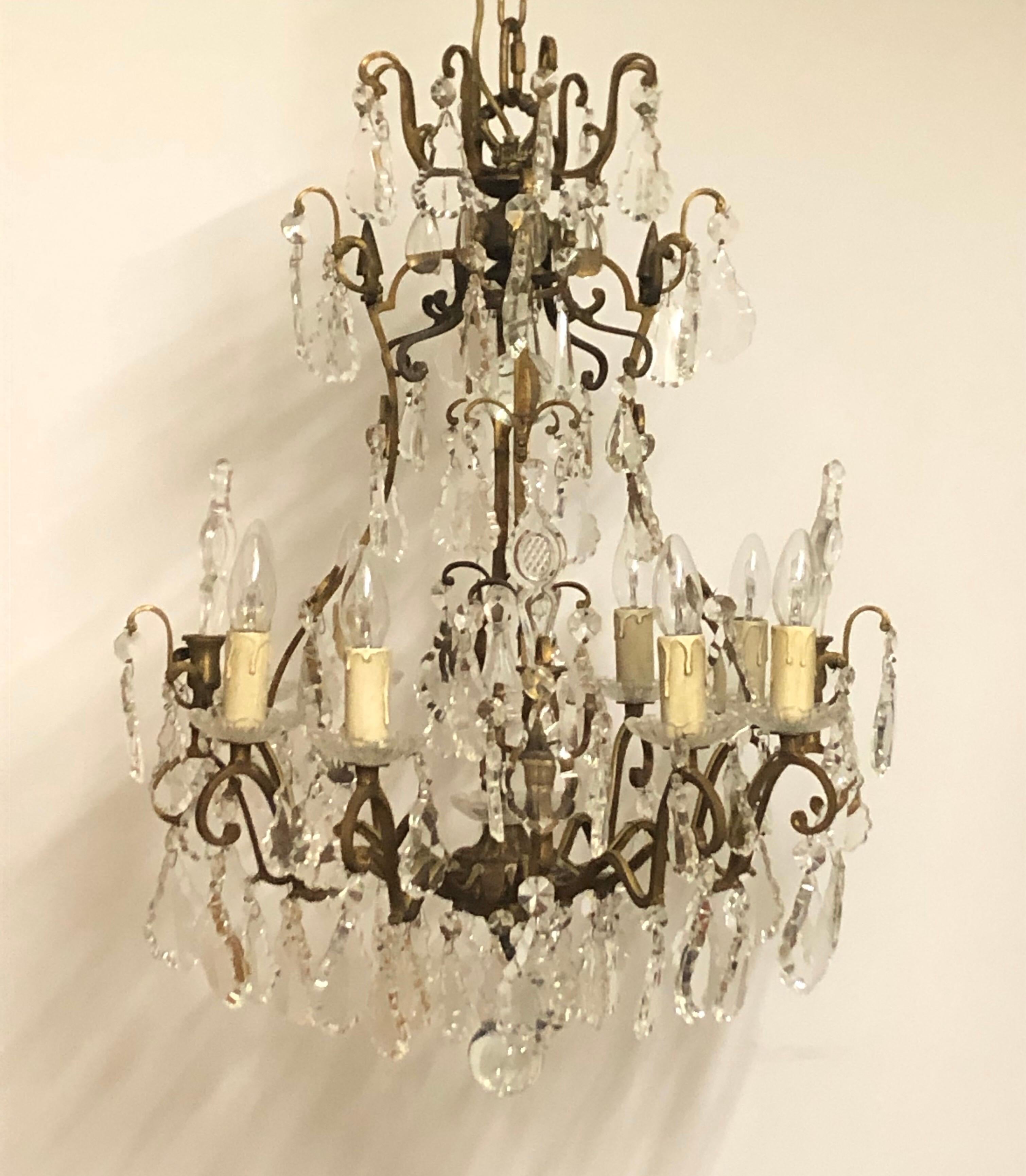 Beautiful eight-light massive bronze and crystal glass chandelier, France, circa 1970s.
Pair available.
The height incl. chain is 55.11