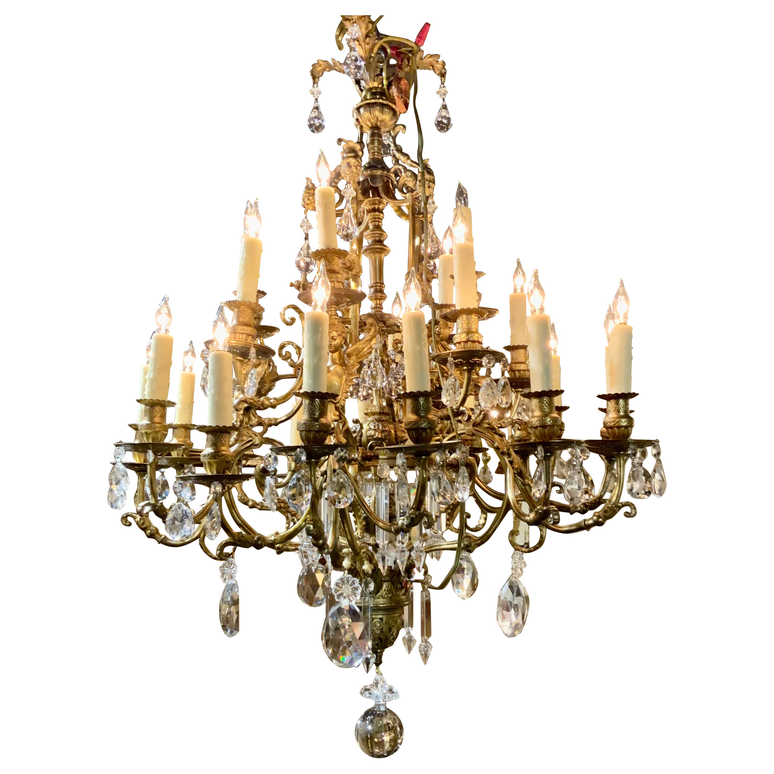 French bronze and crystal chandelier with angels and 25 lights