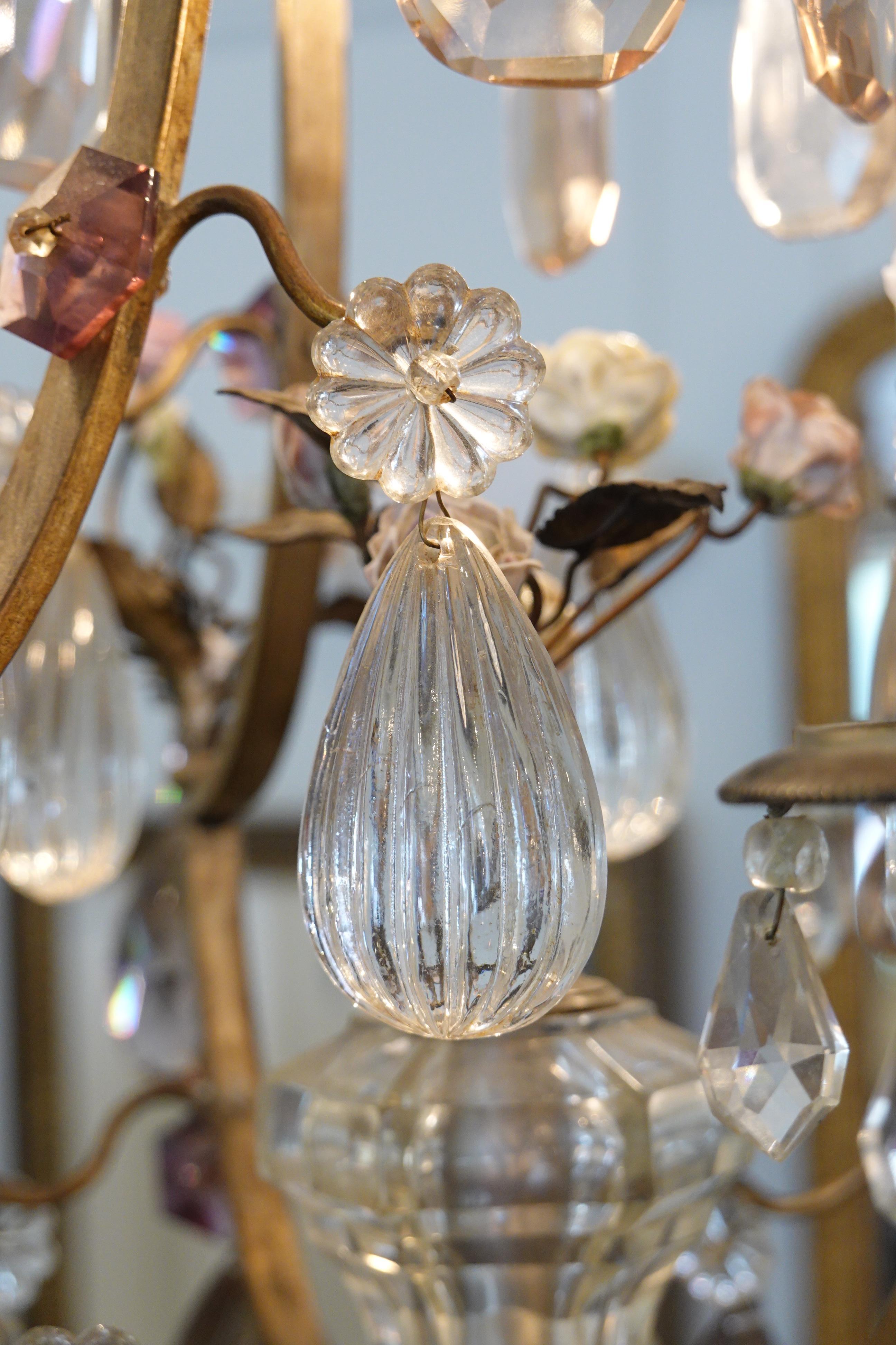 French Bronze and Crystal Chandelier with Porcelain Flowers For Sale 3