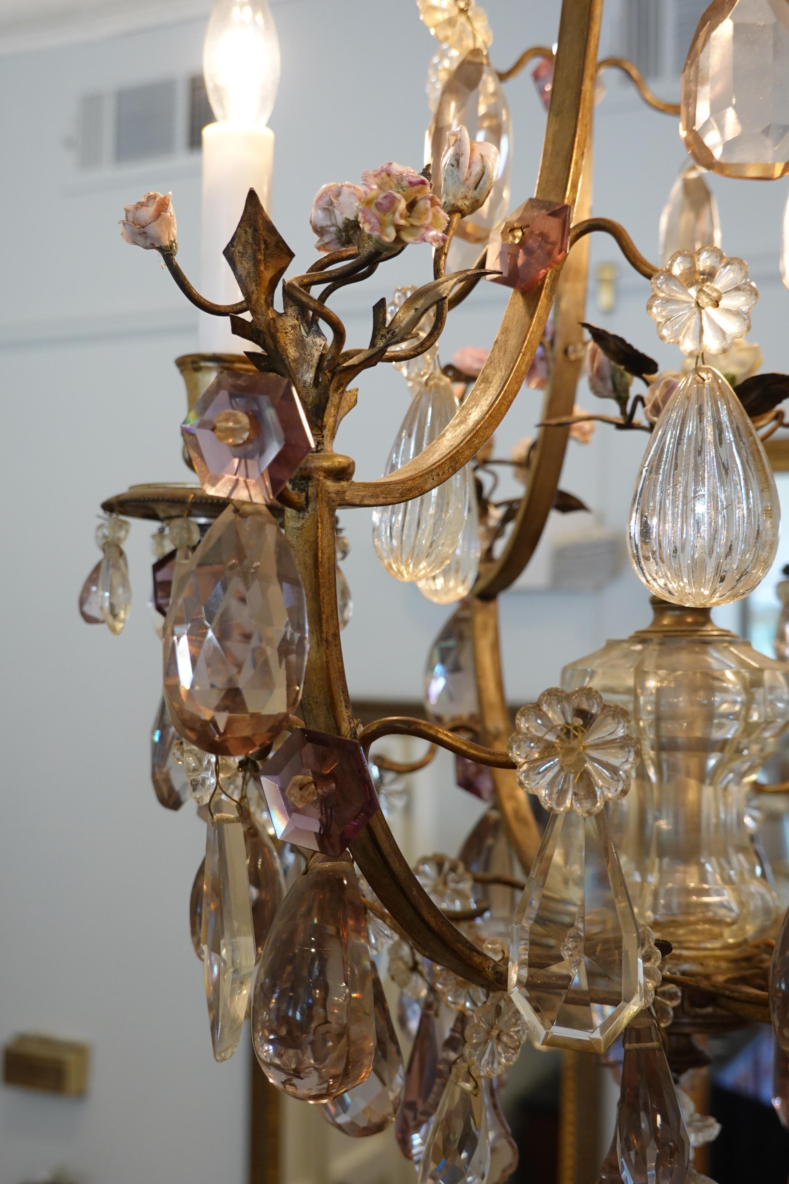 French Bronze and Crystal Chandelier with Porcelain Flowers For Sale 4