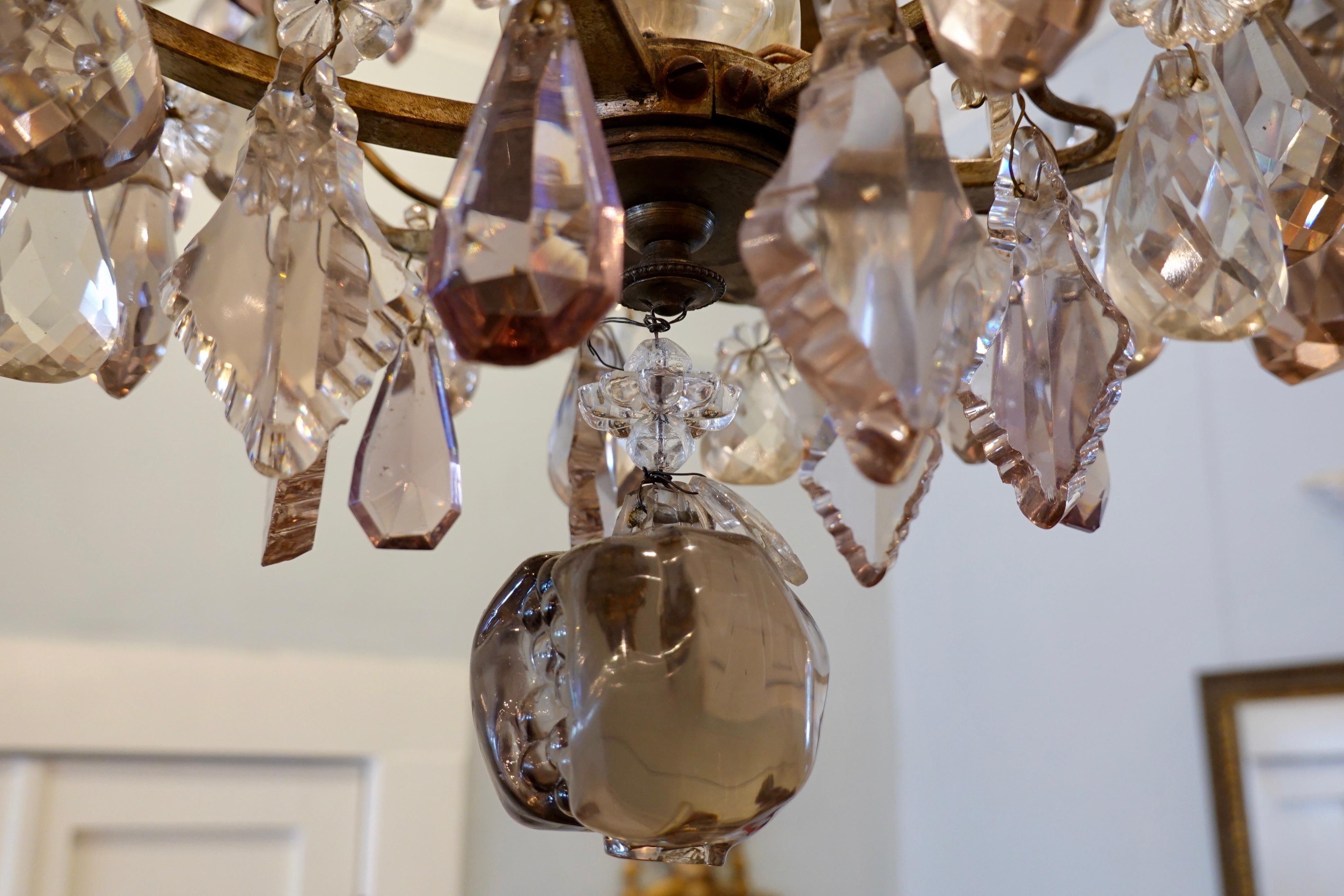 French Bronze and Crystal Chandelier with Porcelain Flowers For Sale 5