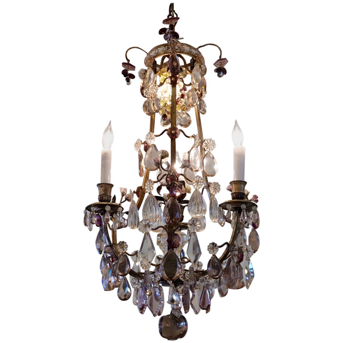 French Bronze and Crystal Chandelier with Porcelain Flowers
