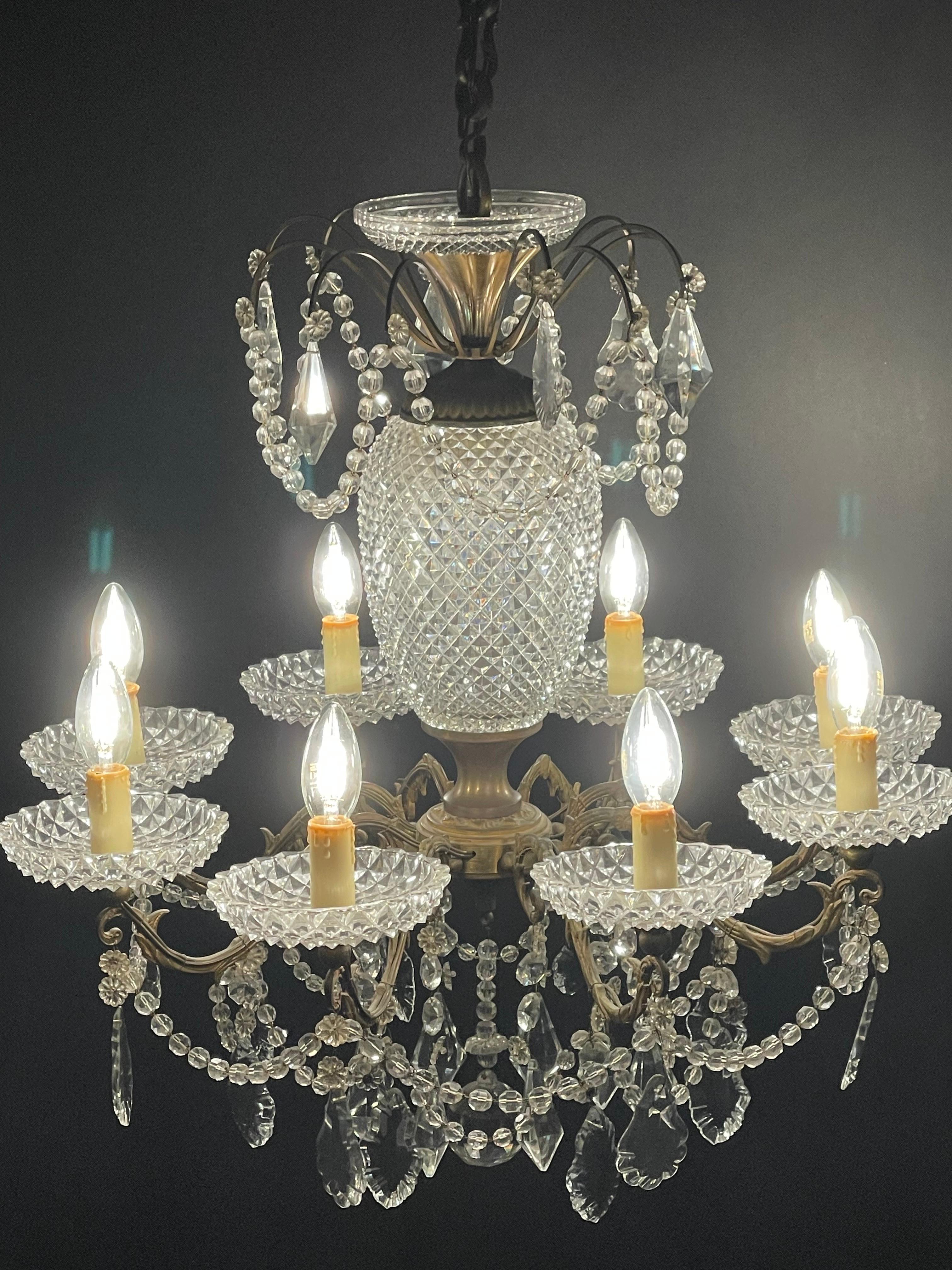 French Bronze and Crystal Eight -Light Chandelier, circa 1940s For Sale 8