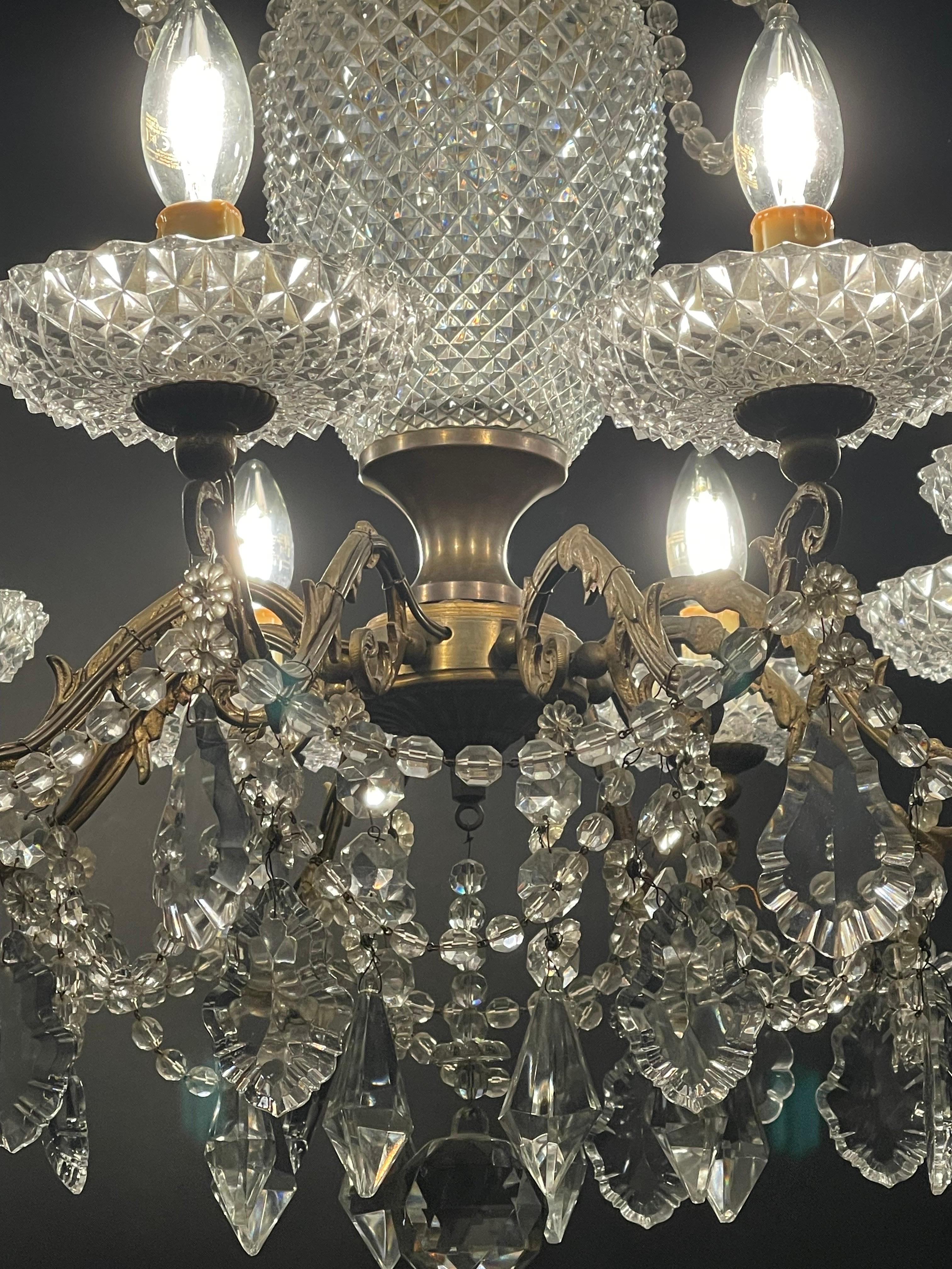 French Bronze and Crystal Eight -Light Chandelier, circa 1940s For Sale 9