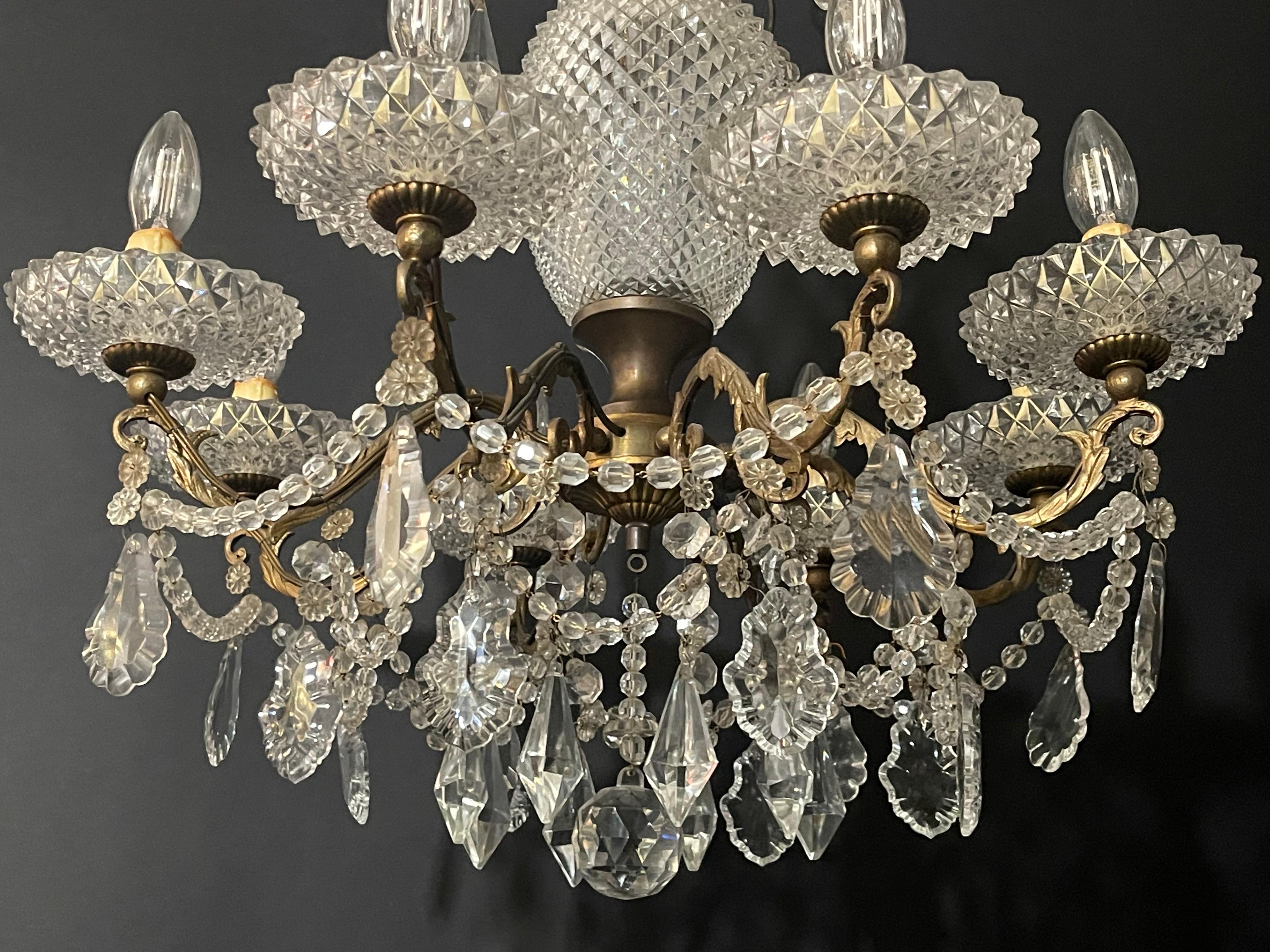 French Bronze and Crystal Eight -Light Chandelier, circa 1940s For Sale 12