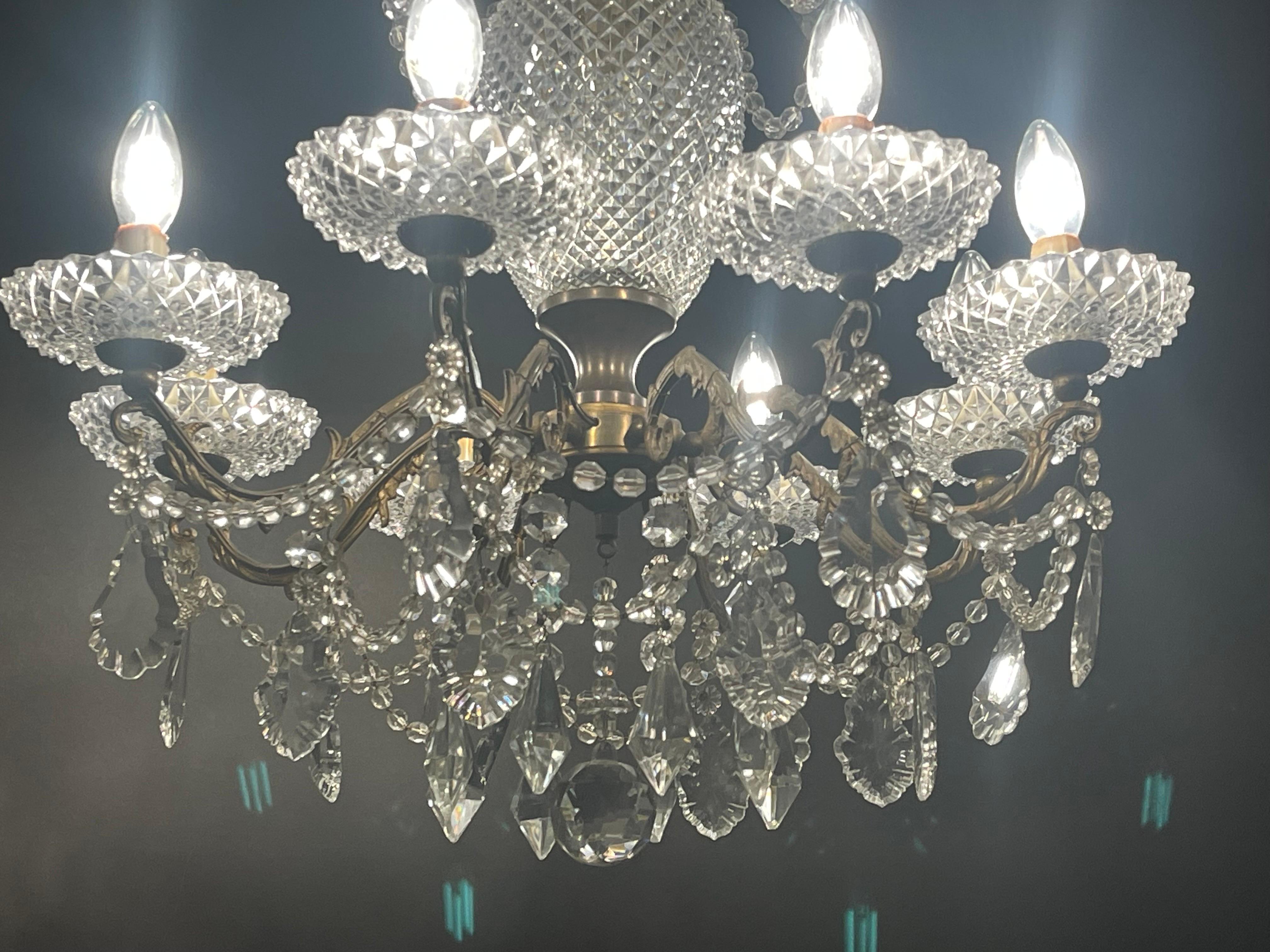 French Bronze and Crystal Eight -Light Chandelier, circa 1940s For Sale 13