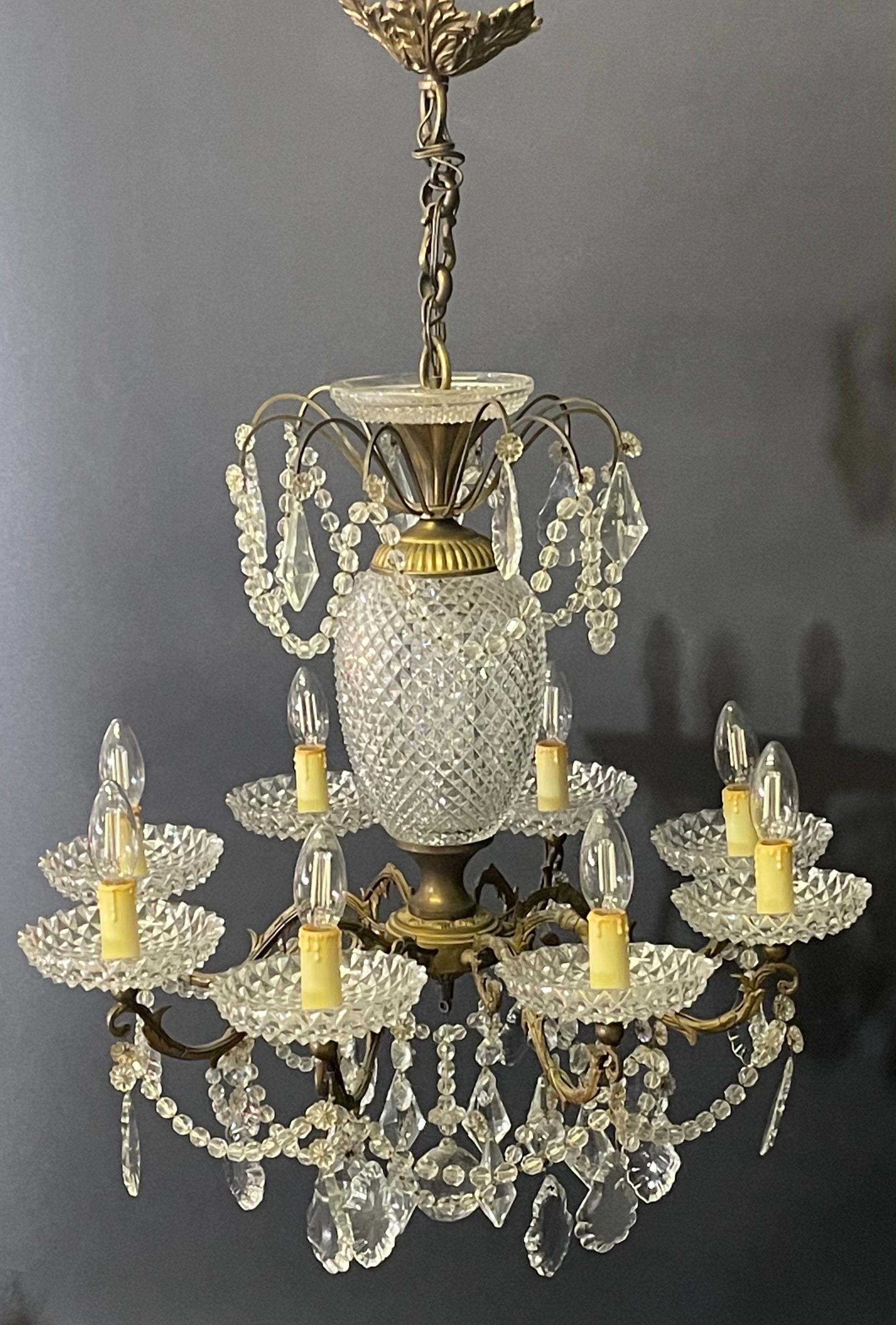 Art Deco French Bronze and Crystal Eight -Light Chandelier, circa 1940s For Sale