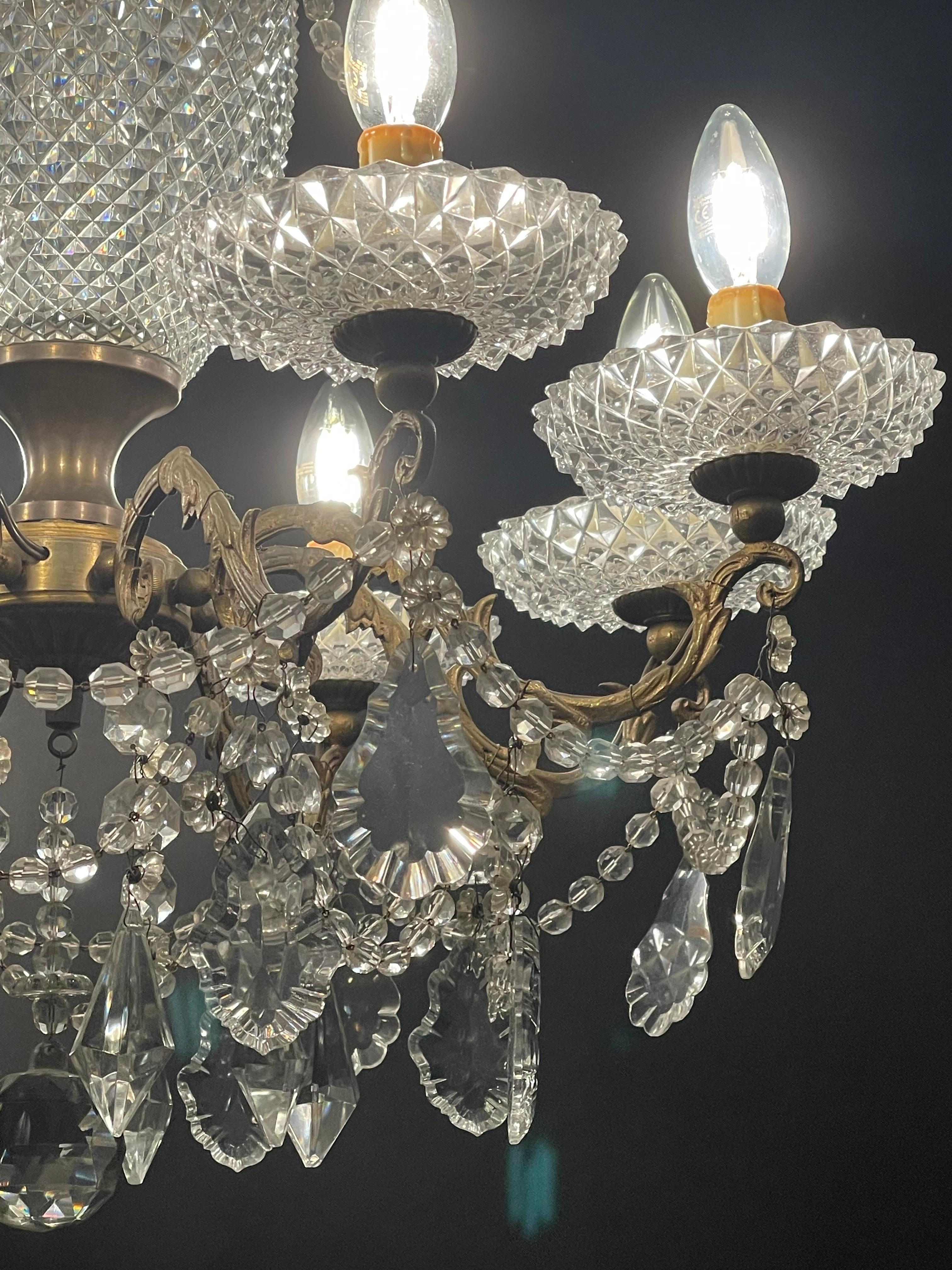 French Bronze and Crystal Eight -Light Chandelier, circa 1940s For Sale 4