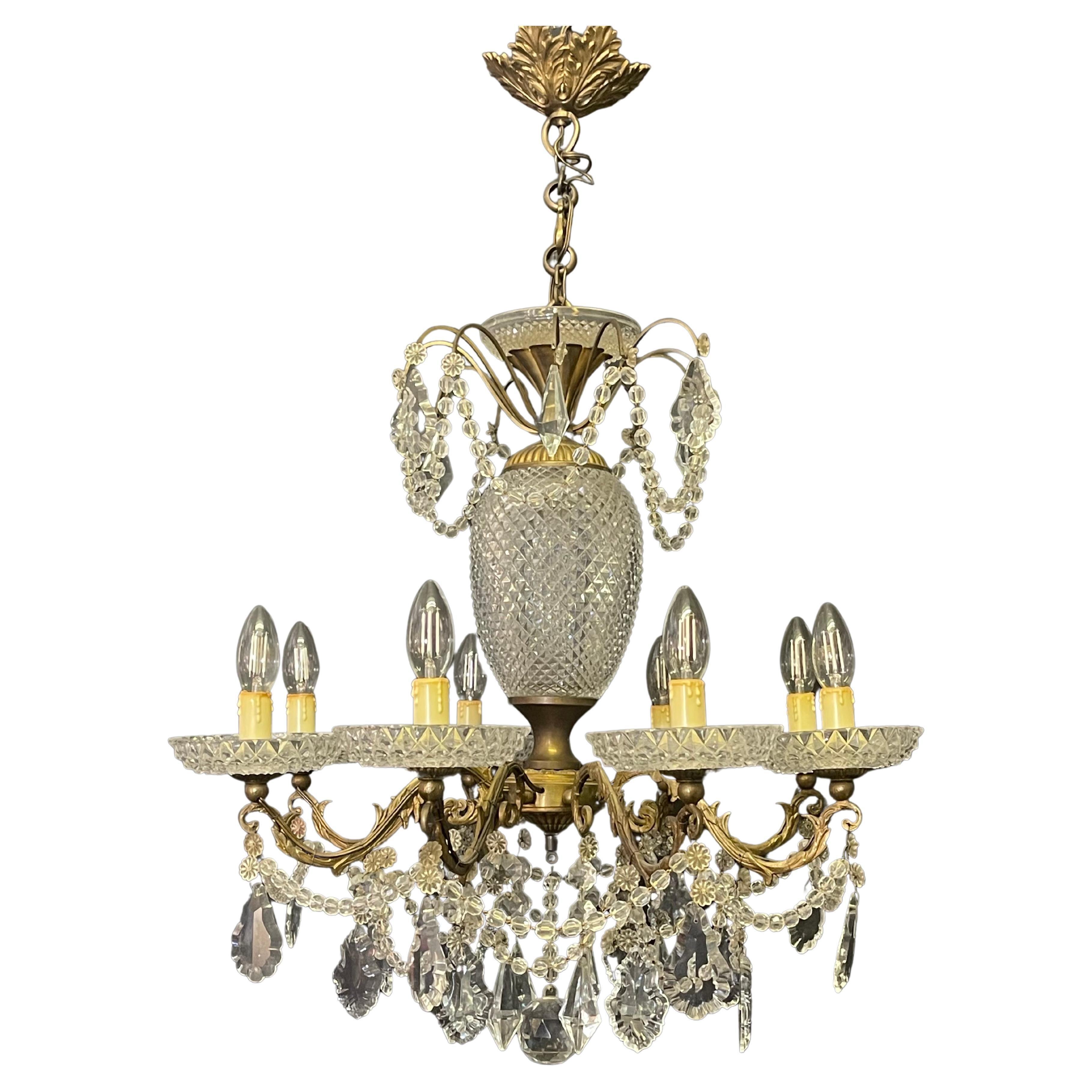 French Bronze and Crystal Eight -Light Chandelier, circa 1940s For Sale