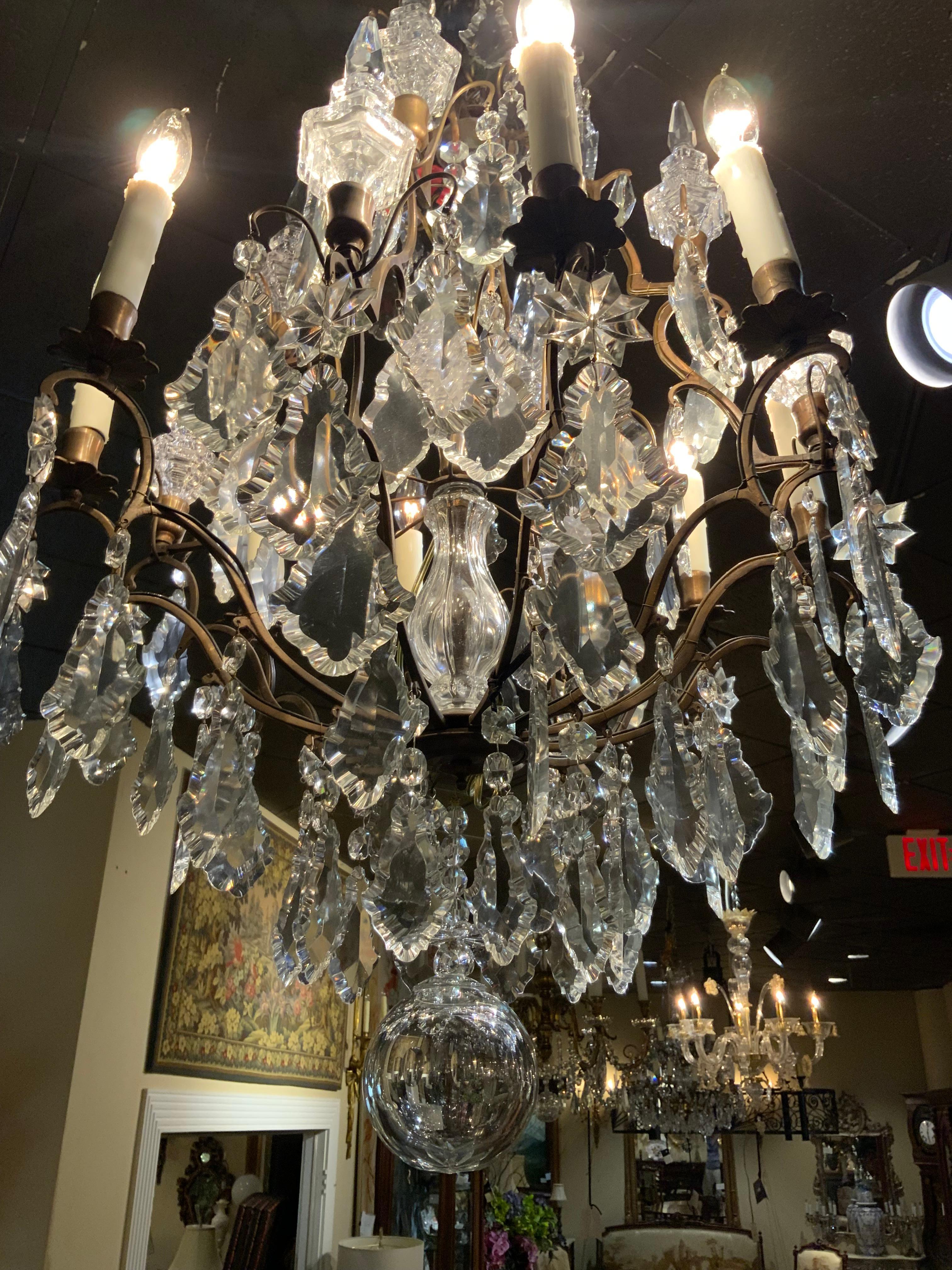 20th Century French bronze and crystal eight light chandelier  For Sale