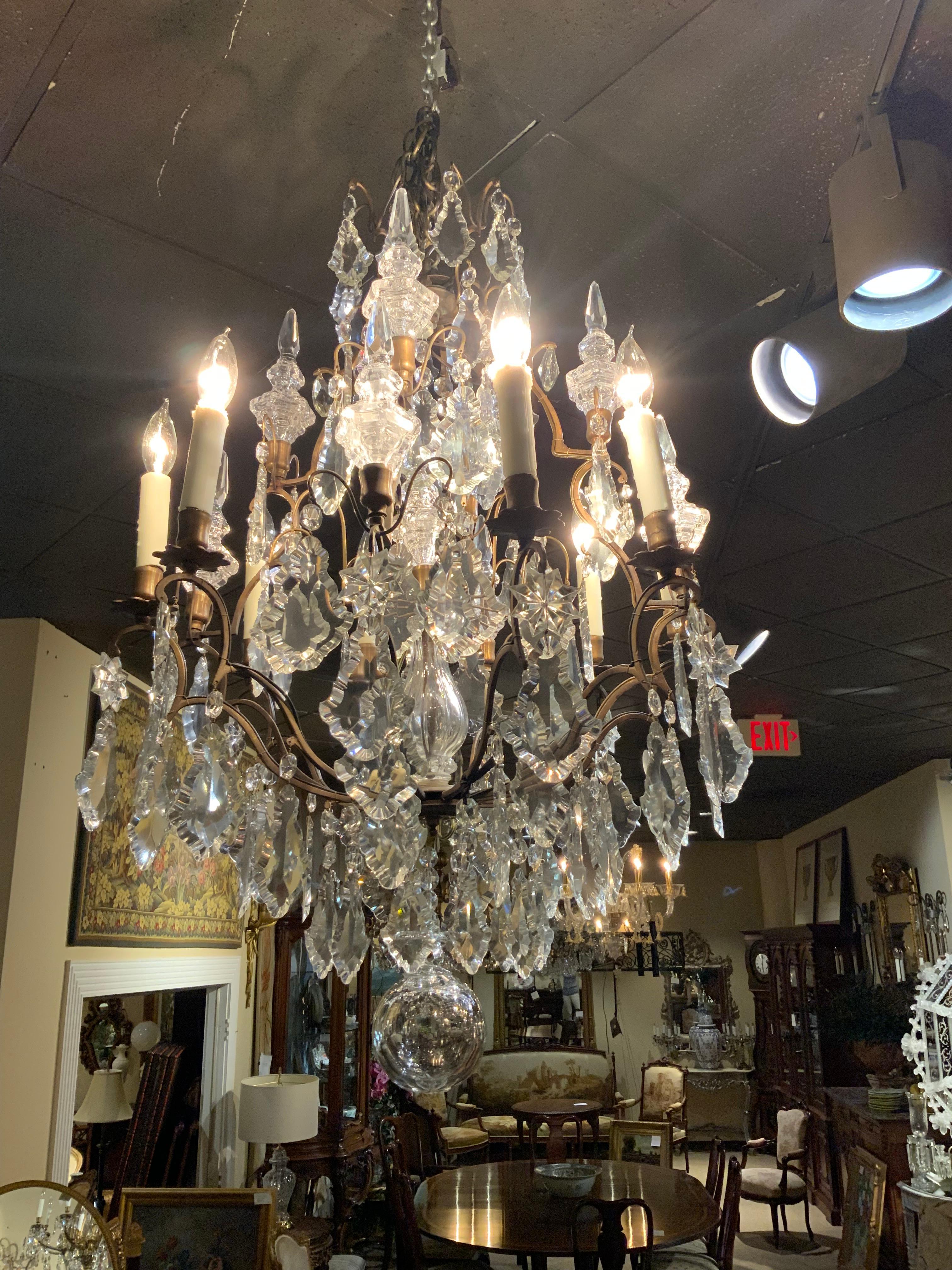 French bronze and crystal eight light chandelier  For Sale 1
