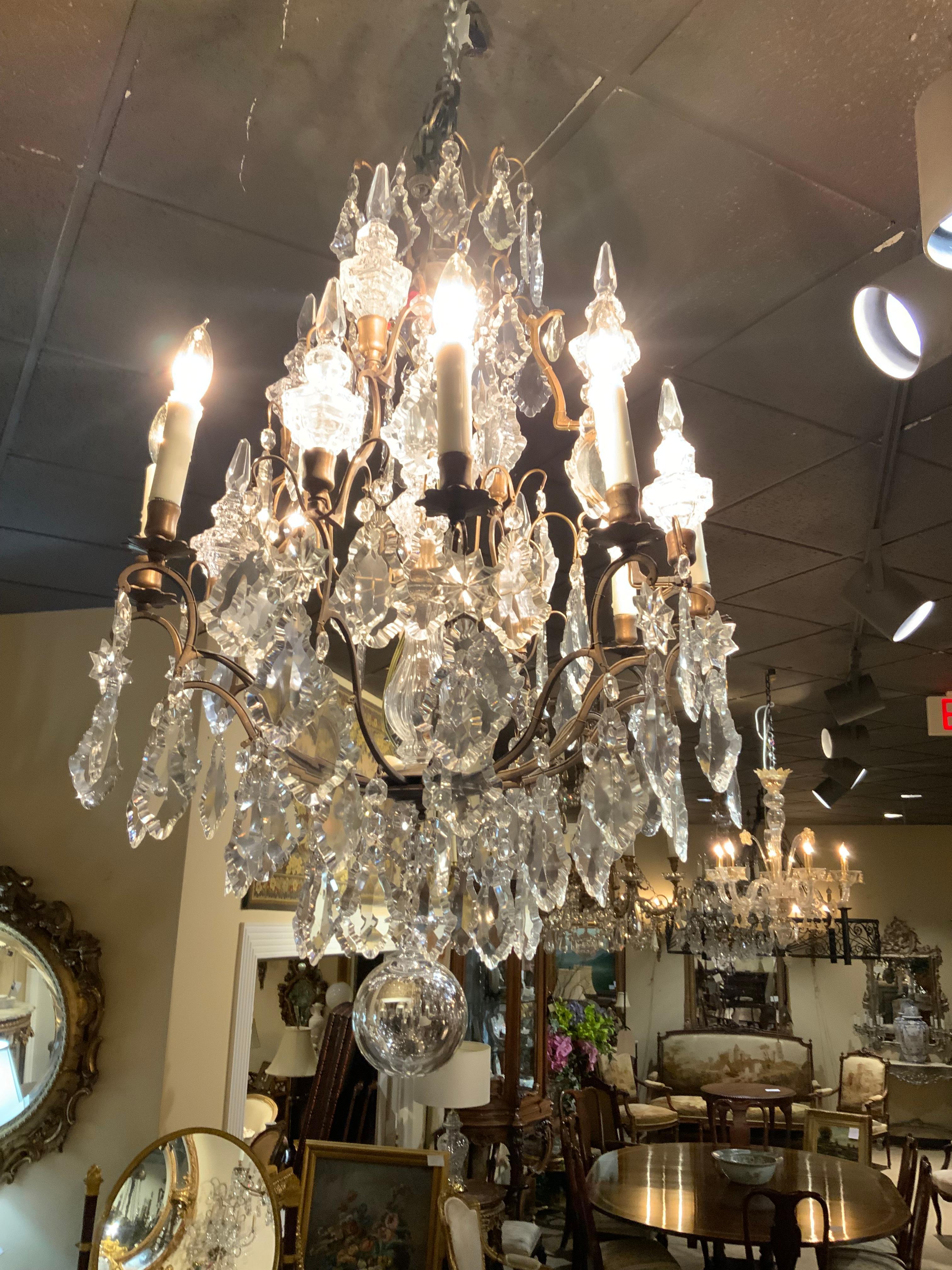 French bronze and crystal eight light chandelier  For Sale 2