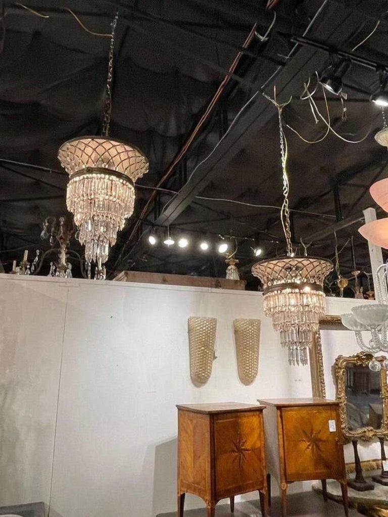 20th Century French Bronze and Crystal Flush Mount Bagues Style Chandelier For Sale