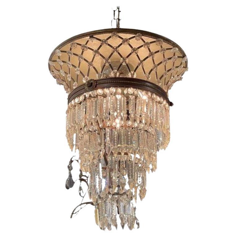 French Bronze and Crystal Flush Mount Bagues Style Chandelier For Sale