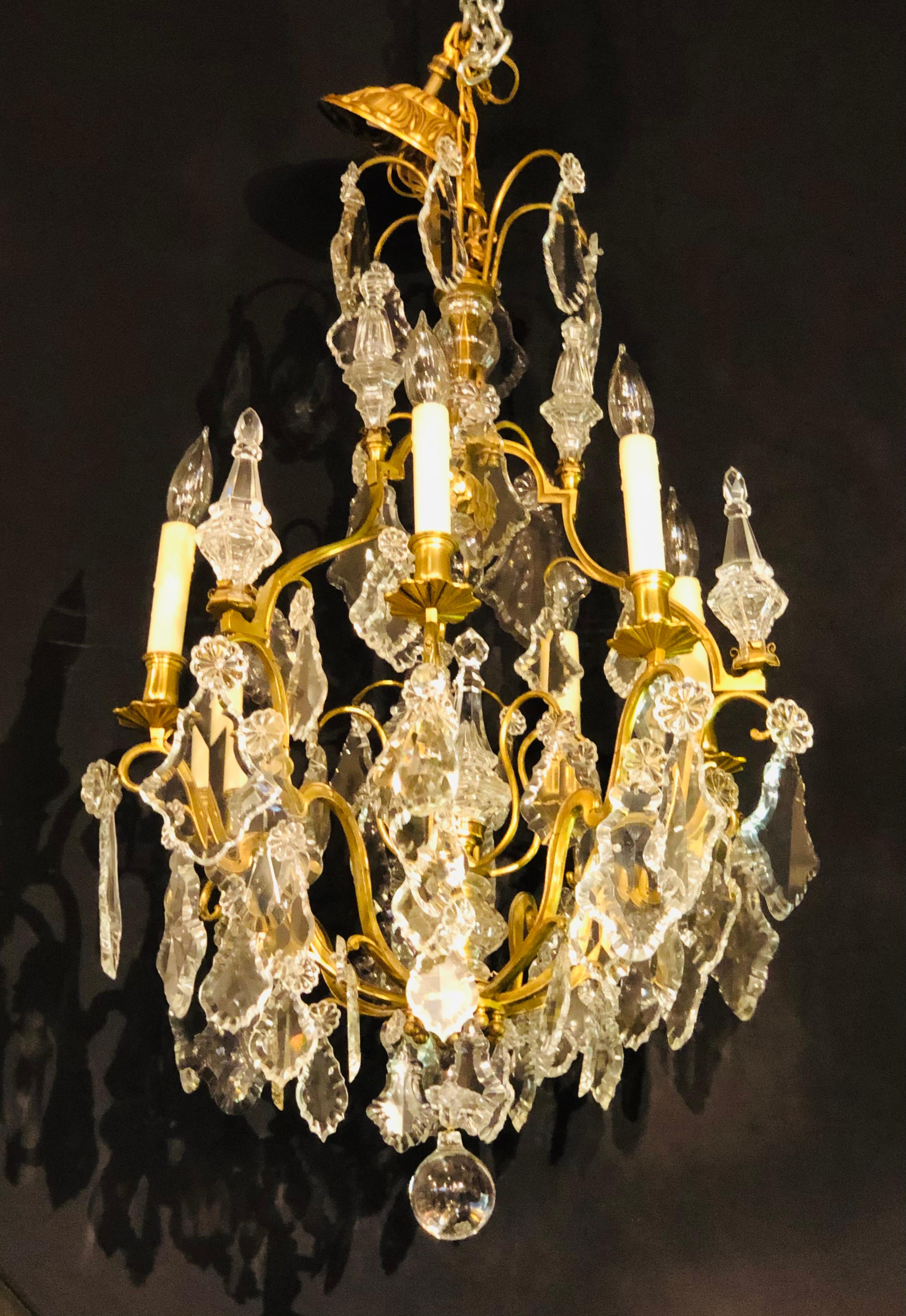 Brass French Bronze and Crystal Gilt Chandelier, Louis XVI Style For Sale