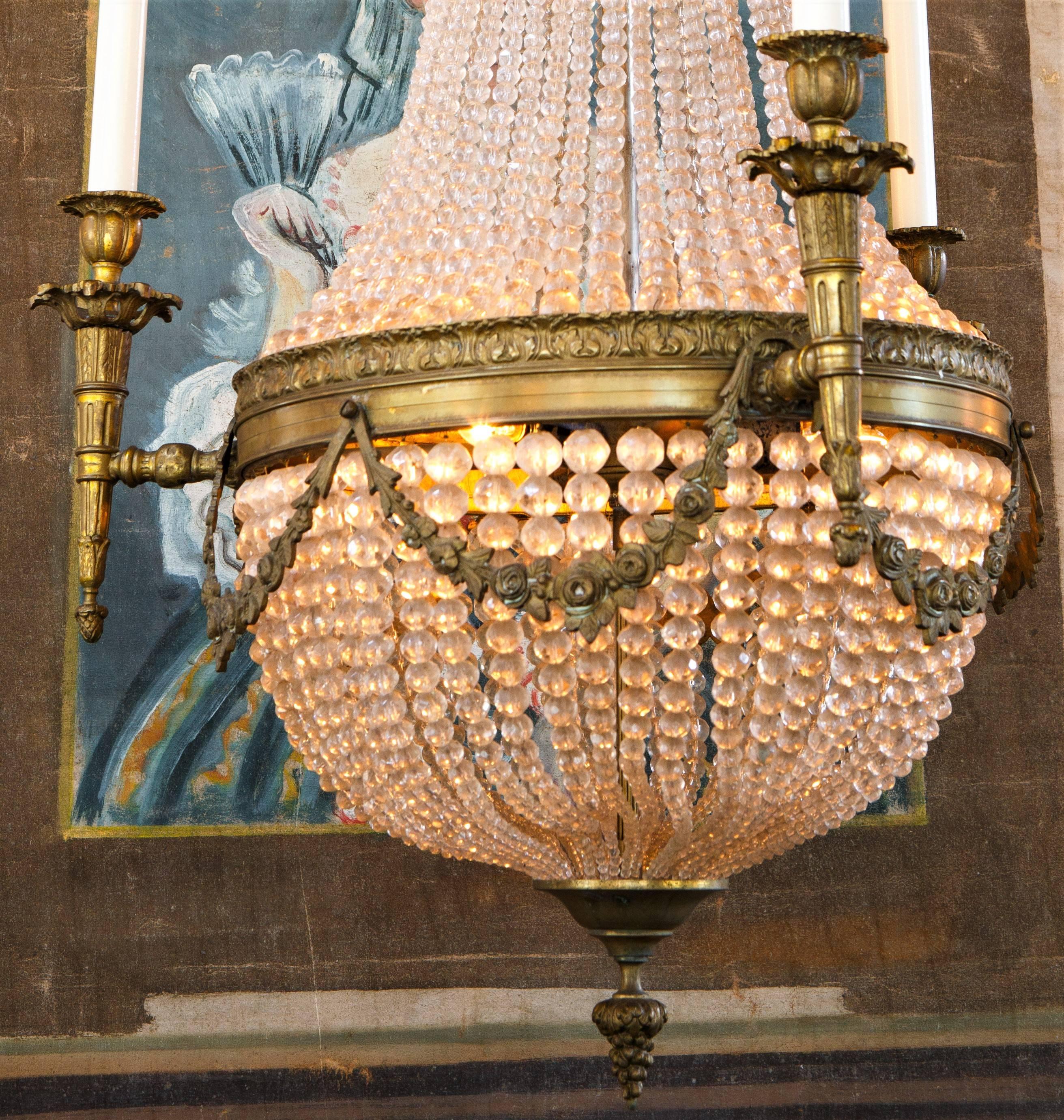 Beaded French Bronze and Crystal Antique Empire Chandelier with Six Lights, circa 1890