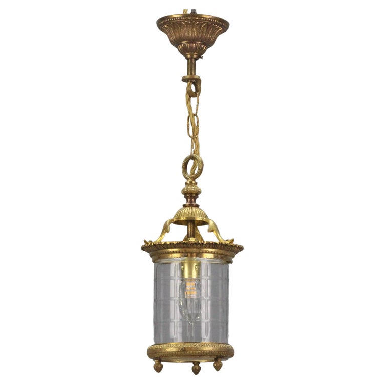 French Bronze and Cut Clear Glass Round Hanging Lantern For Sale at 1stDibs