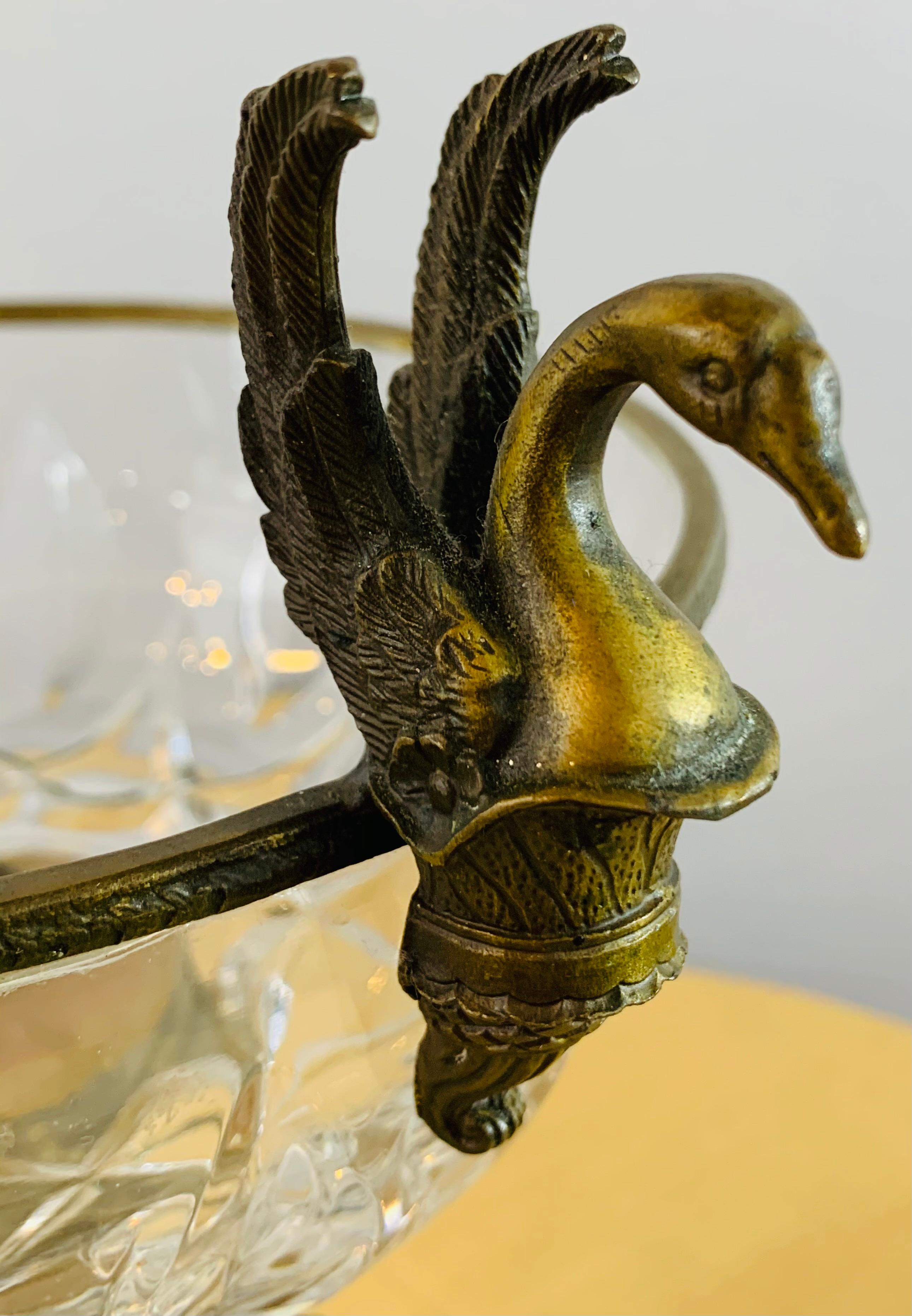 French Bronze and Cut Crystal Bowl with Cherubs and Swans Design 8