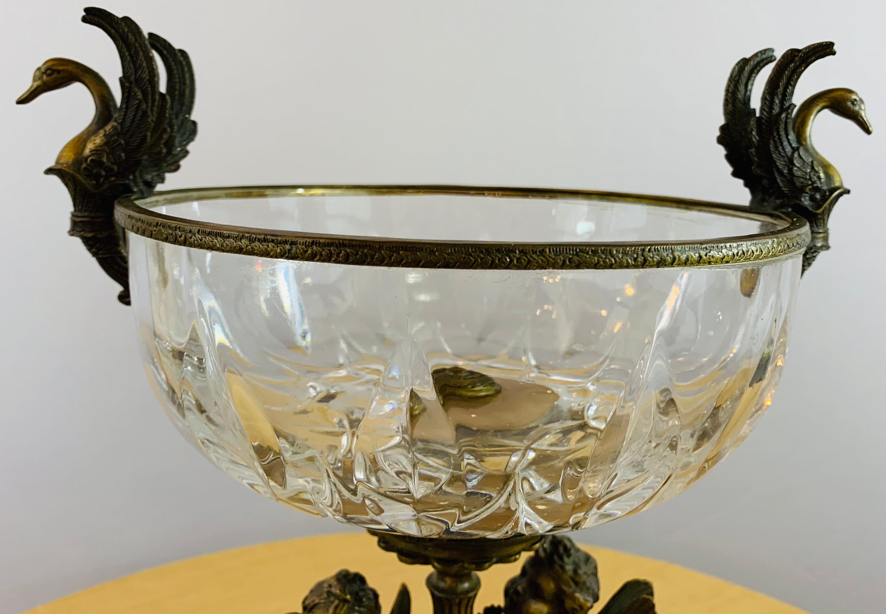 Louis XV French Bronze and Cut Crystal Bowl with Cherubs and Swans Design