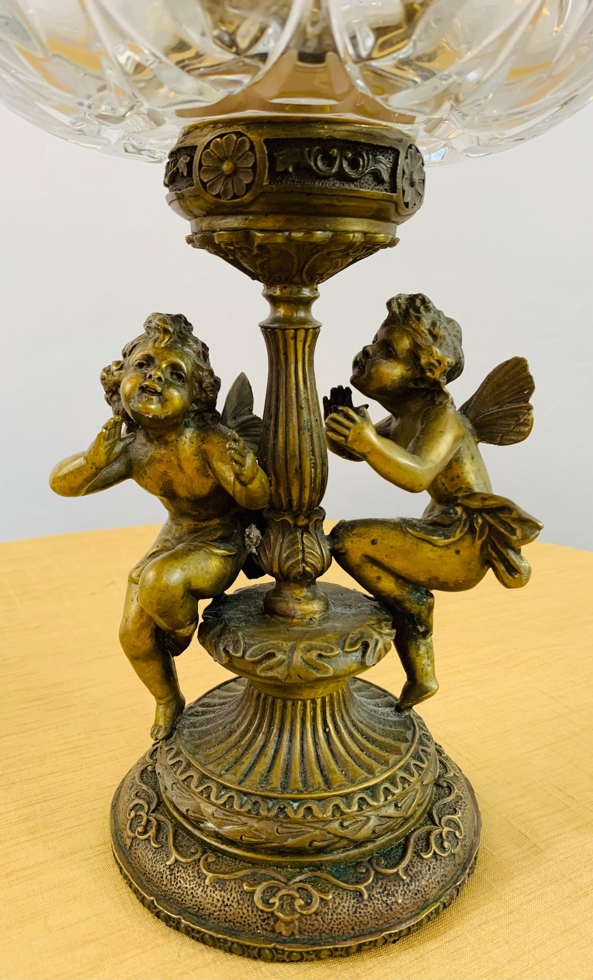 French Bronze and Cut Crystal Bowl with Cherubs and Swans Design In Good Condition In Plainview, NY