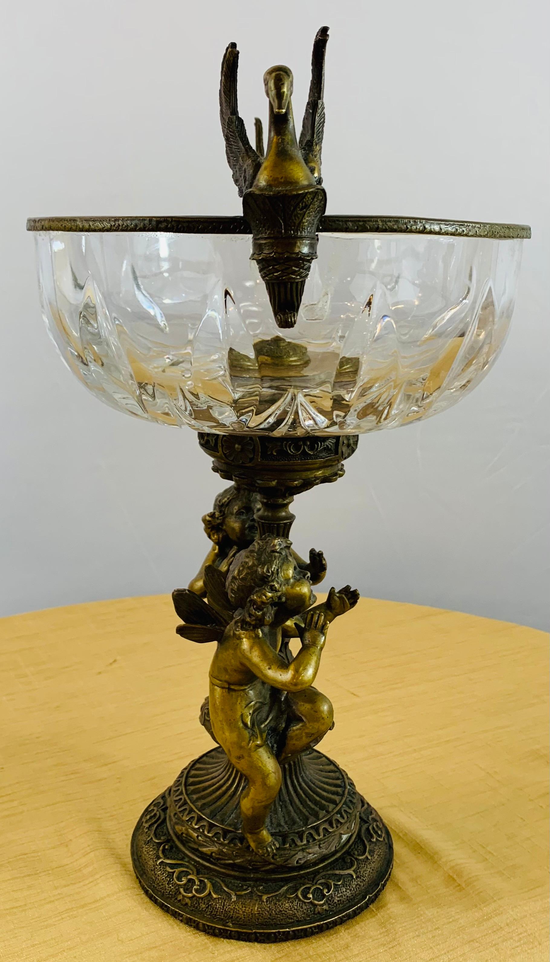 French Bronze and Cut Crystal Bowl with Cherubs and Swans Design 4