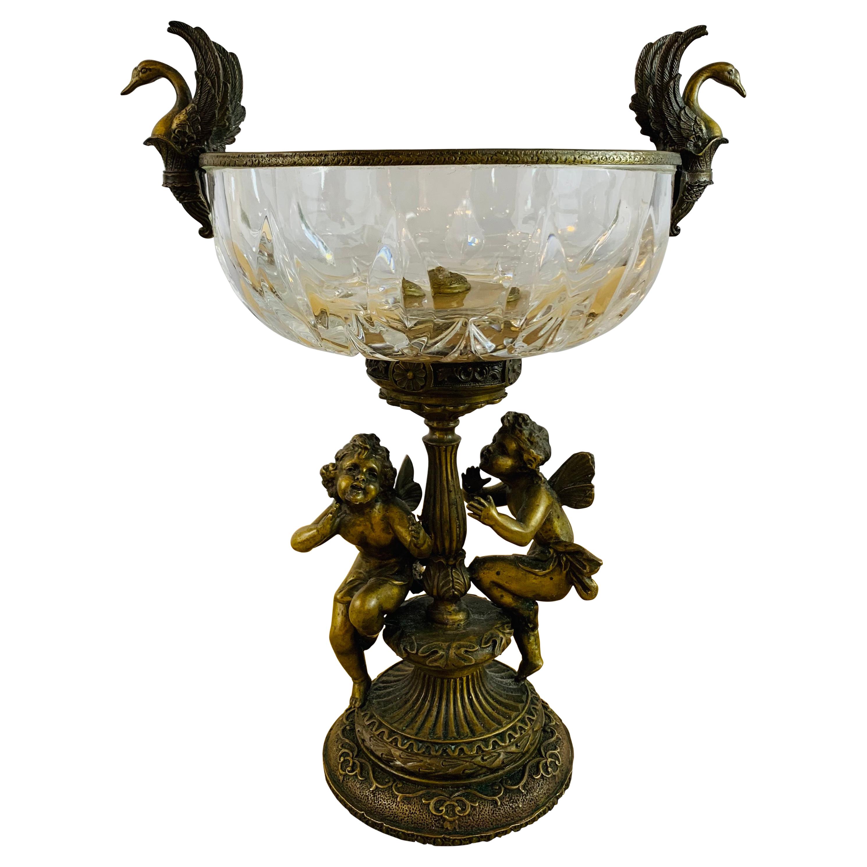 French Bronze and Cut Crystal Bowl with Cherubs and Swans Design