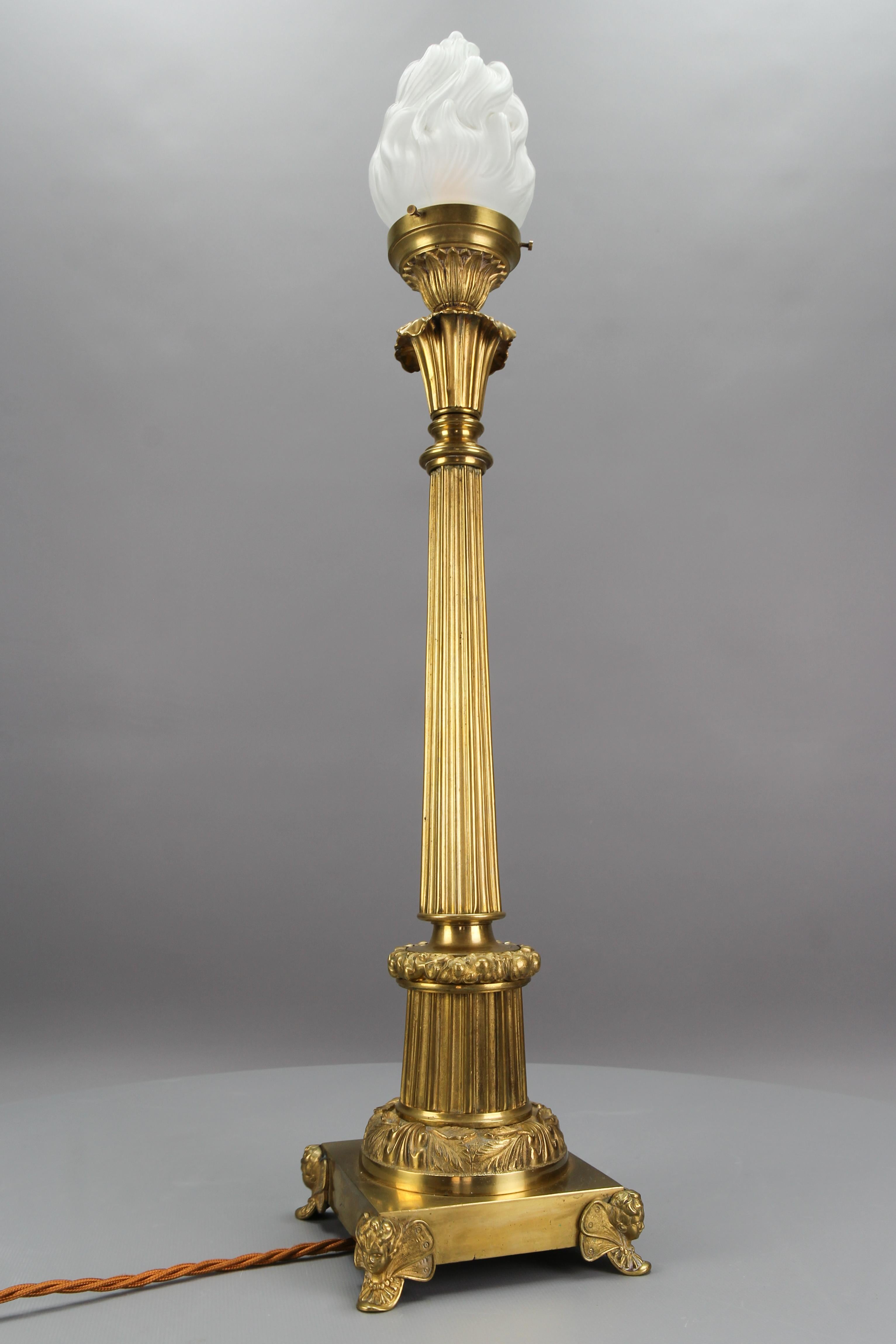 French Bronze and Frosted Glass Fluted Column Table Lamp For Sale 9