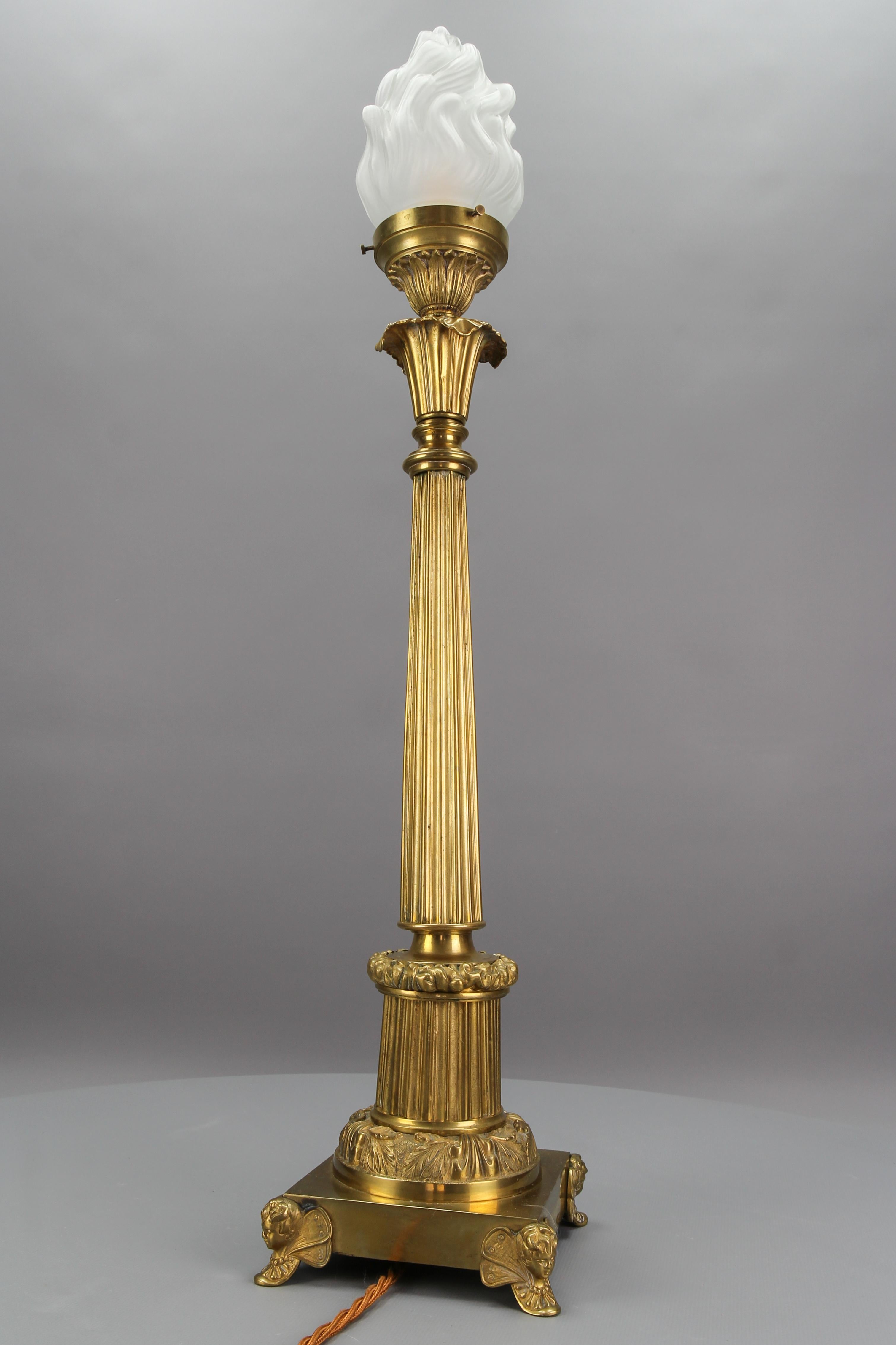 French Bronze and Frosted Glass Fluted Column Table Lamp For Sale 10