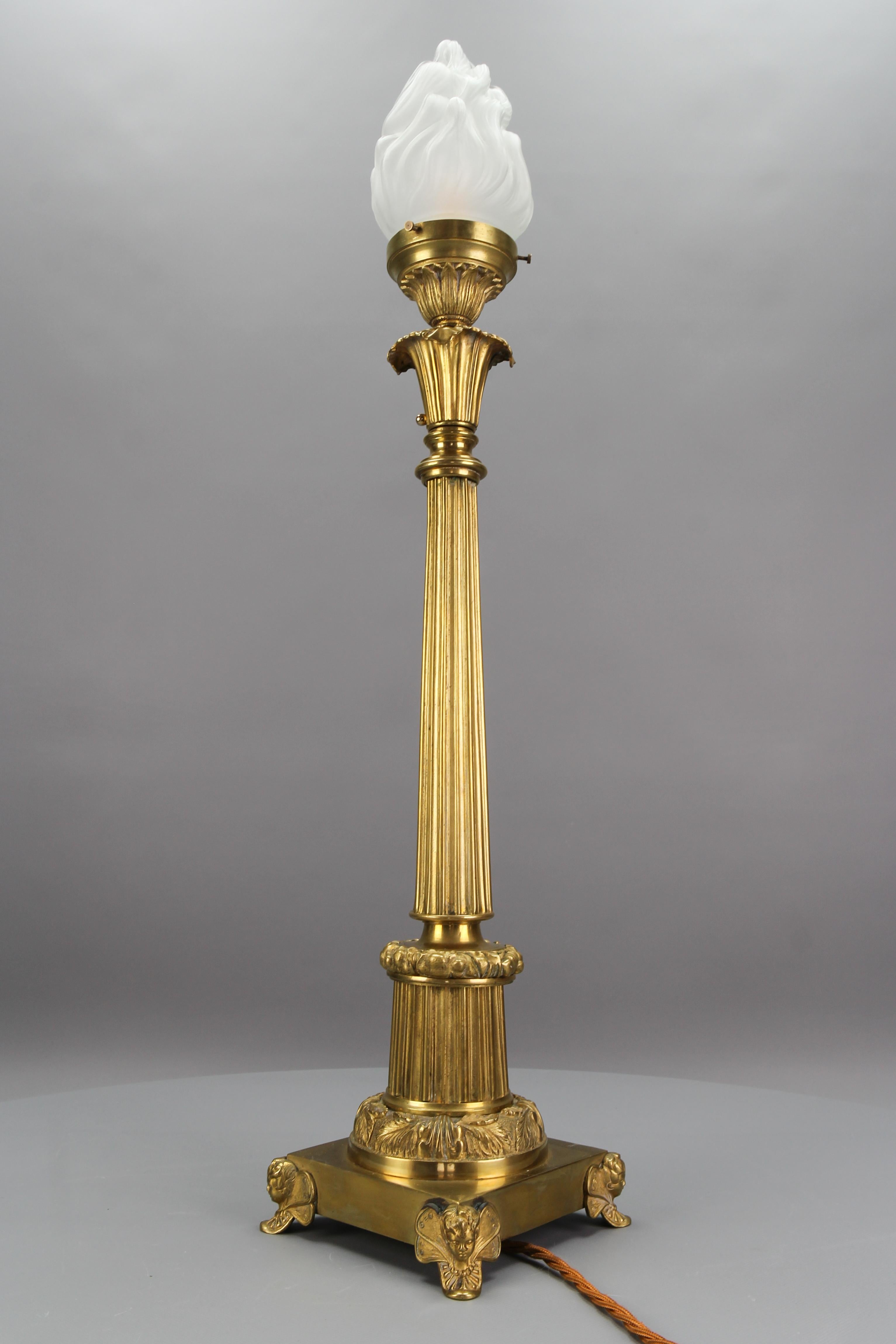 French Bronze and Frosted Glass Fluted Column Table Lamp For Sale 11
