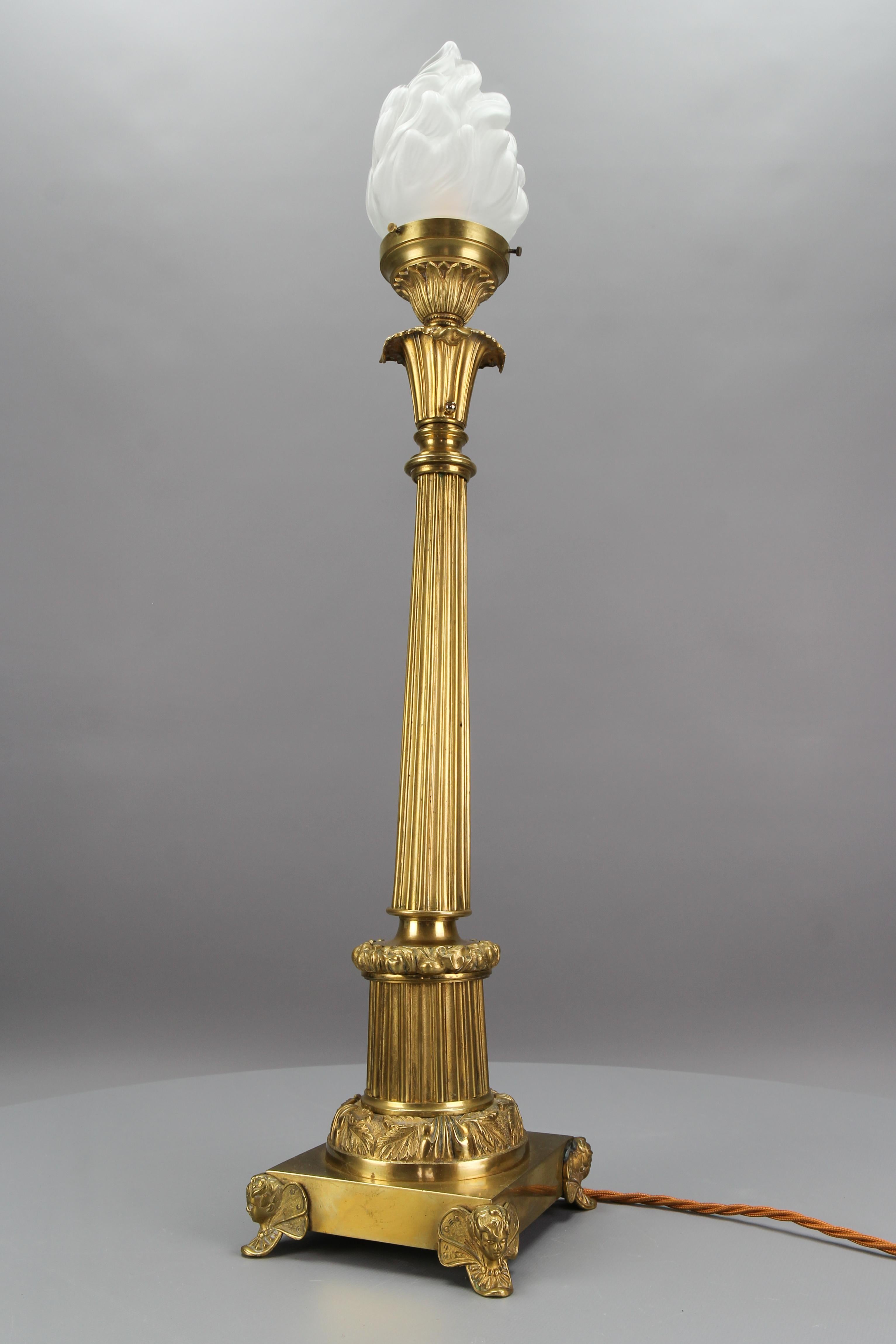 Art Deco French Bronze and Frosted Glass Fluted Column Table Lamp For Sale