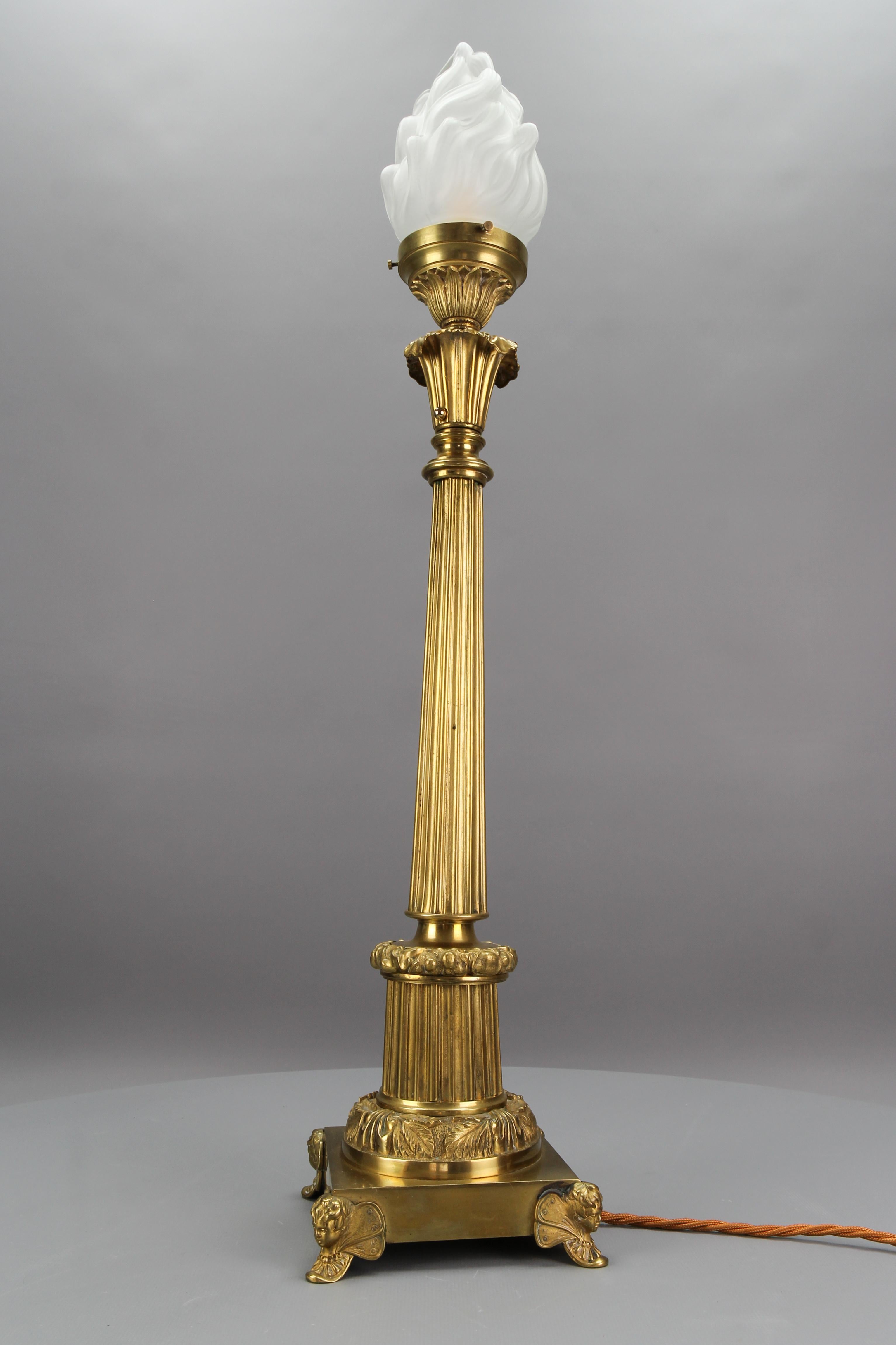 French Bronze and Frosted Glass Fluted Column Table Lamp For Sale 1