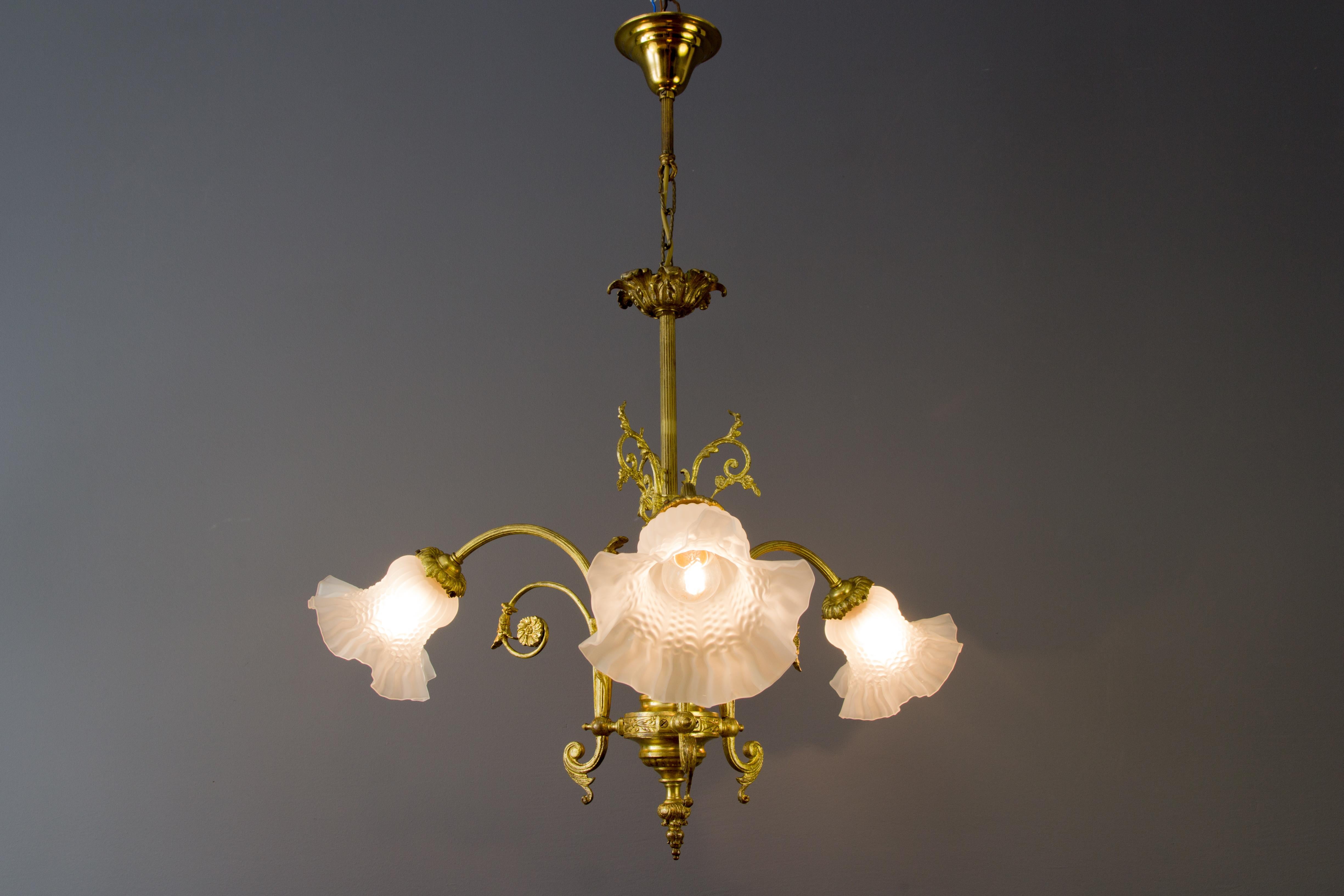 French Louis XVI Style Bronze and White Frosted Glass Three-Light Chandelier 15
