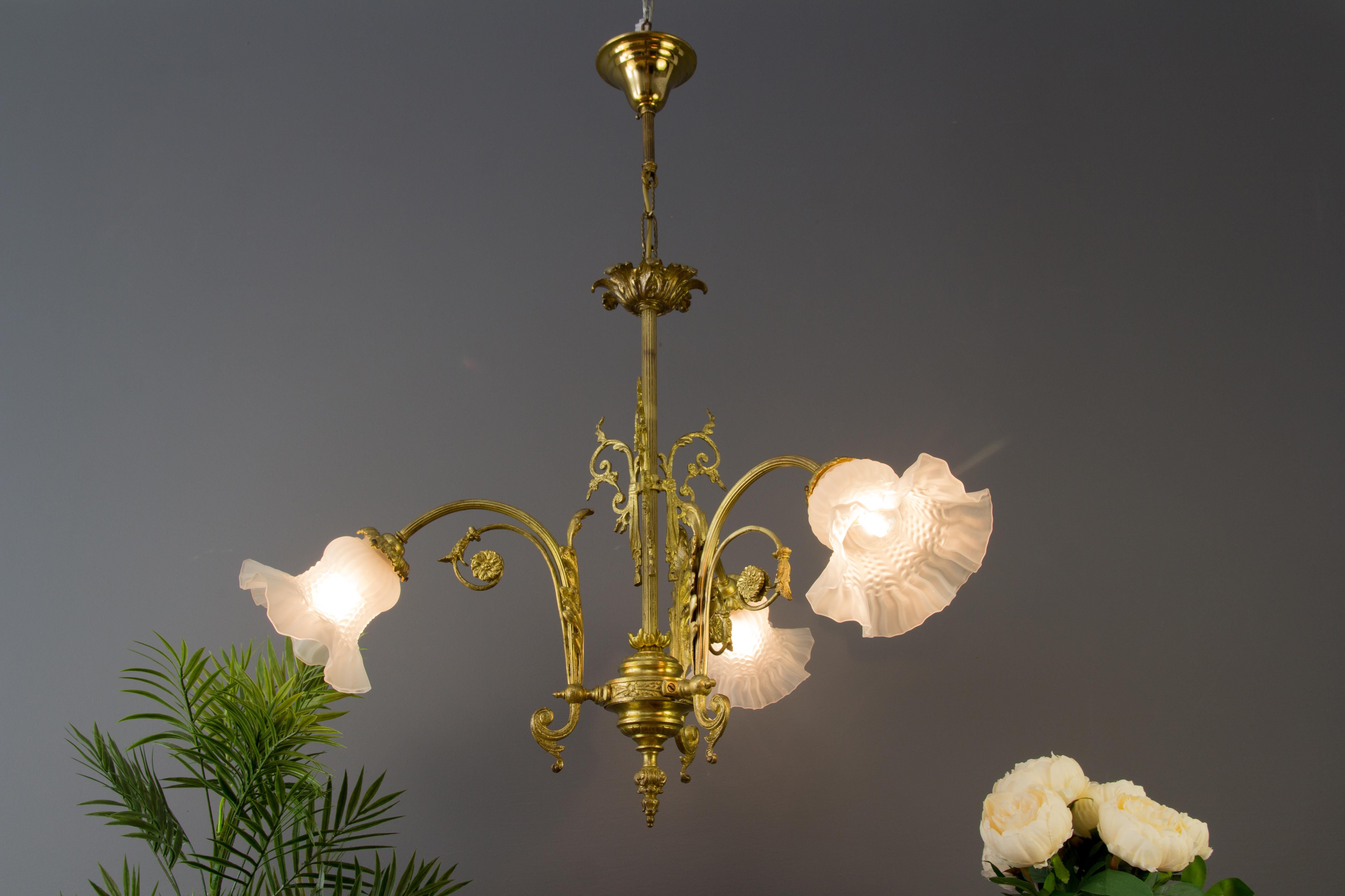Early 20th Century French Louis XVI Style Bronze and White Frosted Glass Three-Light Chandelier