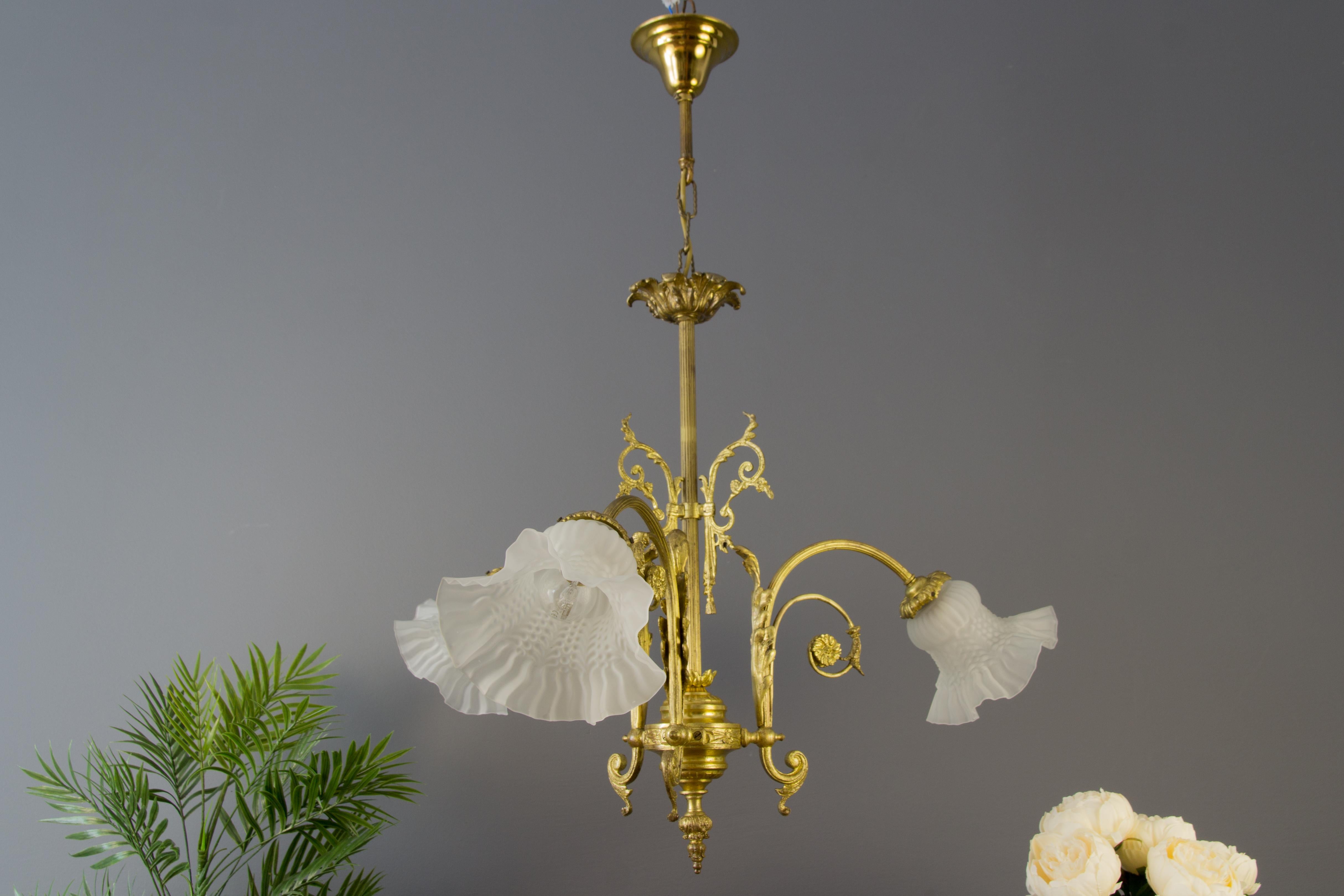 Brass French Louis XVI Style Bronze and White Frosted Glass Three-Light Chandelier