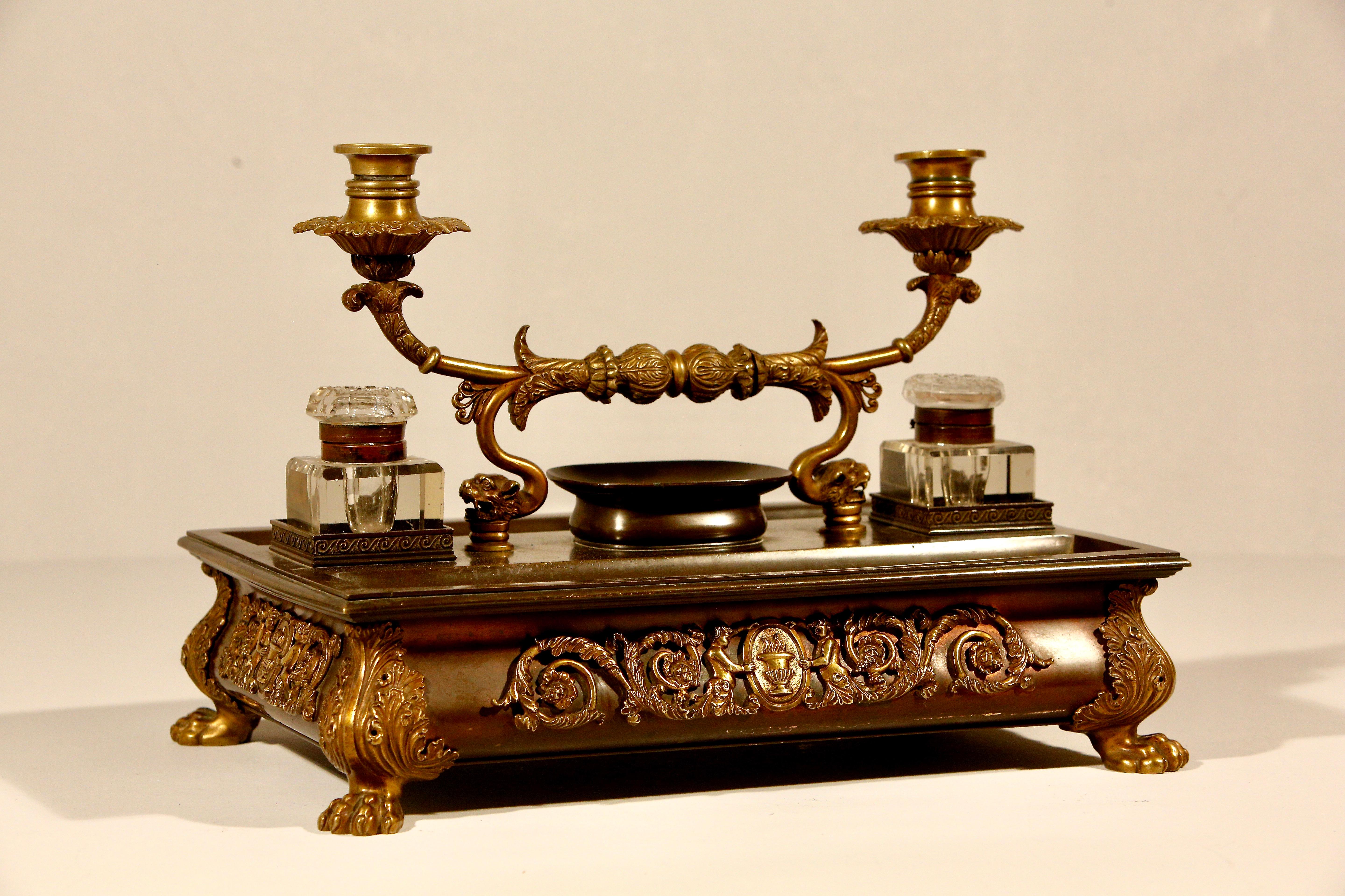 French Bronze and Gilded Bronze Inkwell and Candlestand 19th Century In Good Condition For Sale In Cheltenham, GB