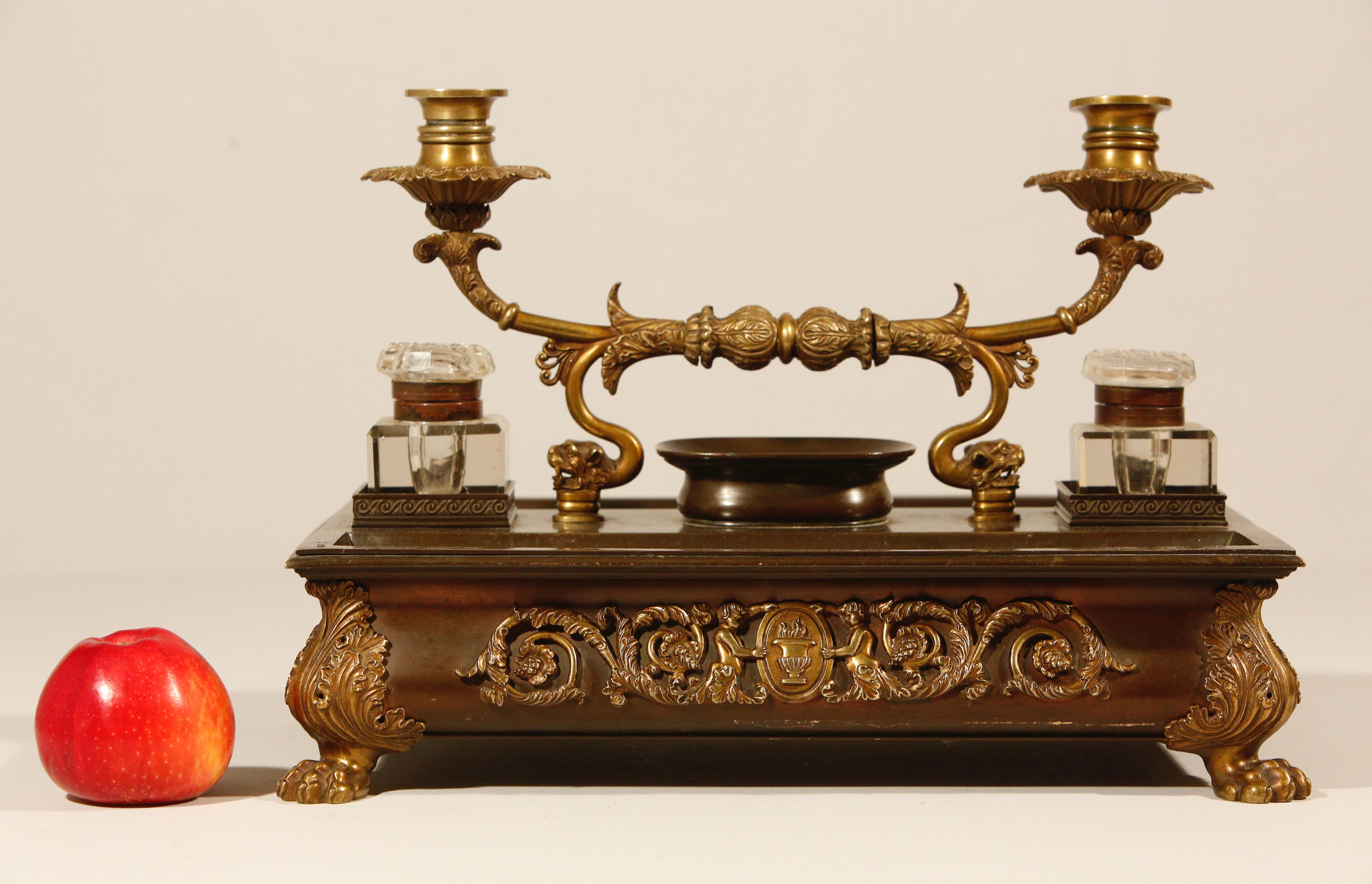 French Bronze and Gilded Bronze Inkwell and Candlestand 19th Century For Sale 1
