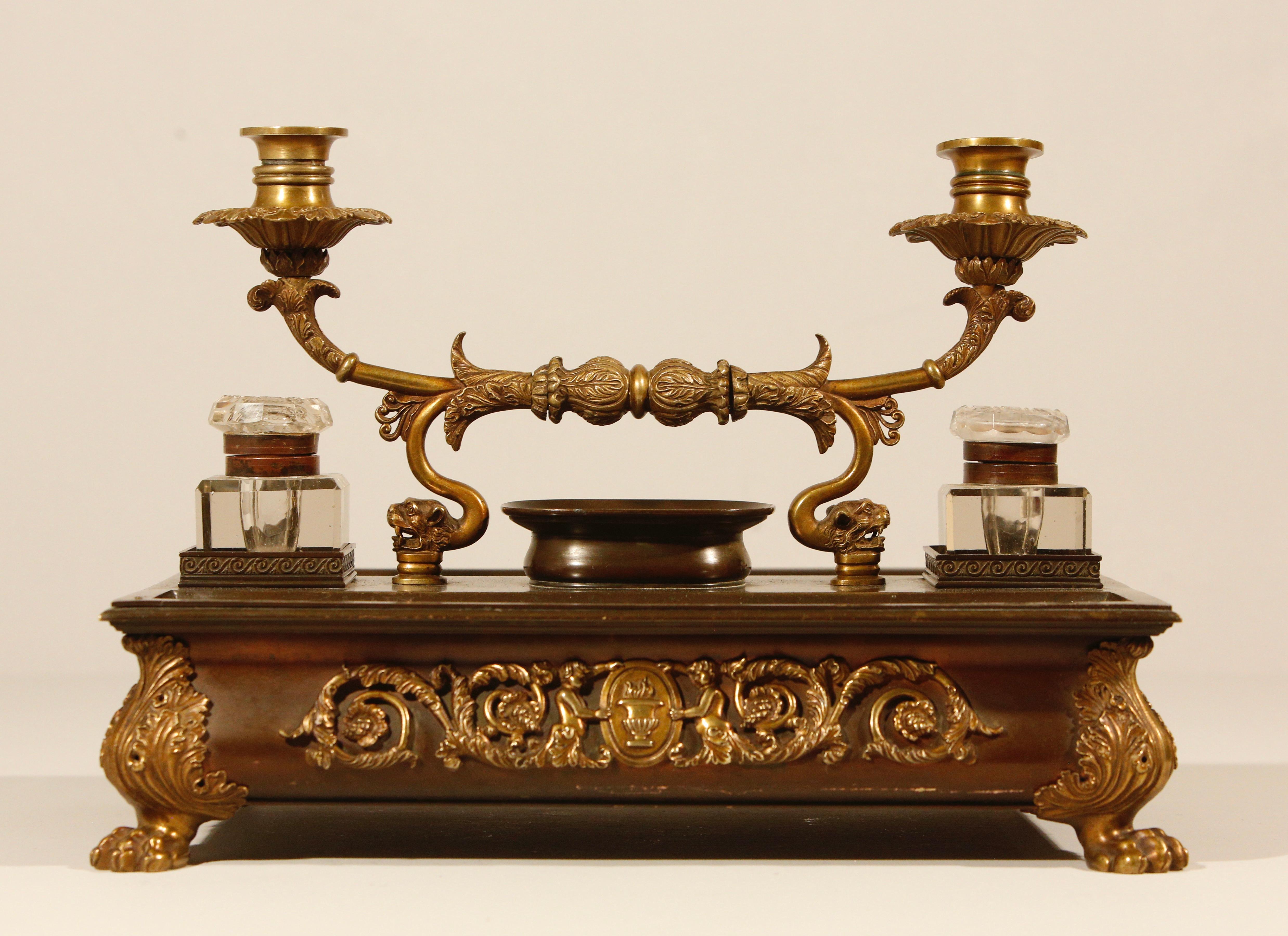 French Bronze and Gilded Bronze Inkwell and Candlestand 19th Century For Sale 2