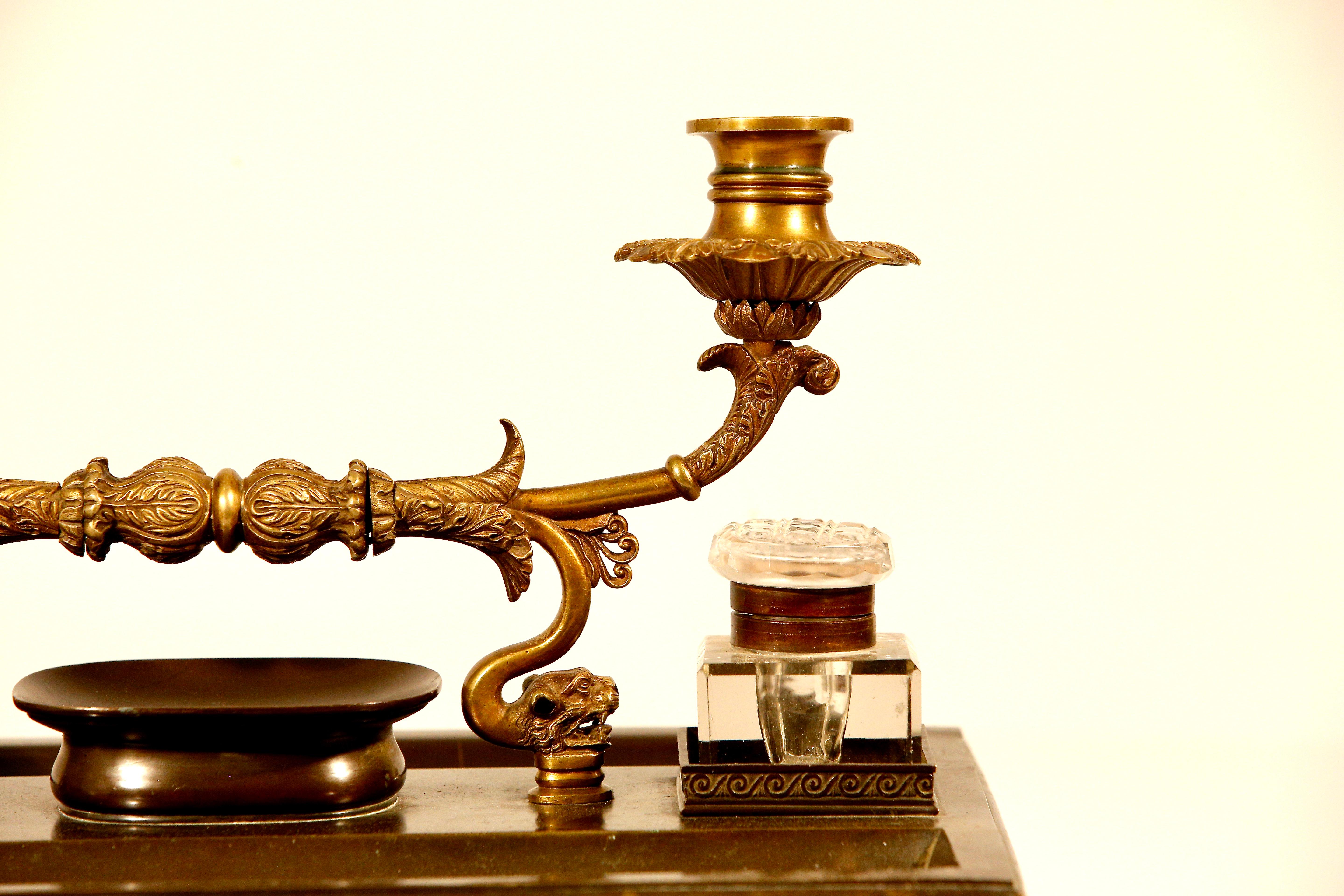 French Bronze and Gilded Bronze Inkwell and Candlestand 19th Century For Sale 3